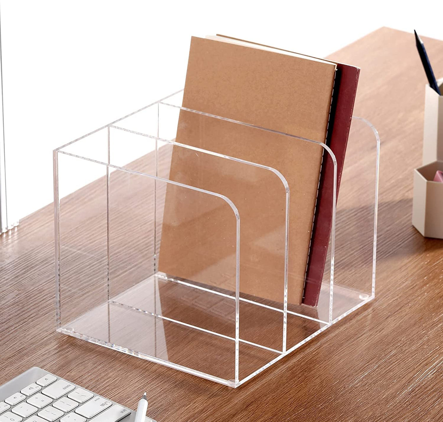 3-Section Clear Acrylic Magazine Holder and Desk File Organizer, Vertical Office Organization and Storage Accessory for Files and Documents, Single Pack Transparent Sorter