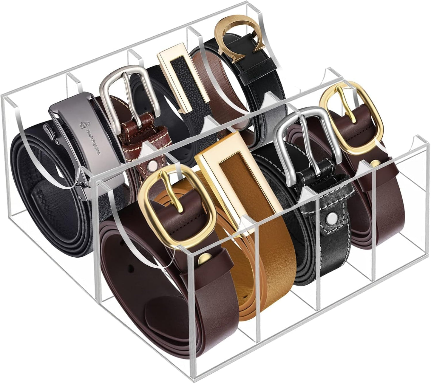 Clear Acrylic Belt Organizer with 8 Compartments, 4 mm Transparent Display Box for Closet Storage, 6 x 11 cm Holder for Ties, Watches, Jewelry and Accessories