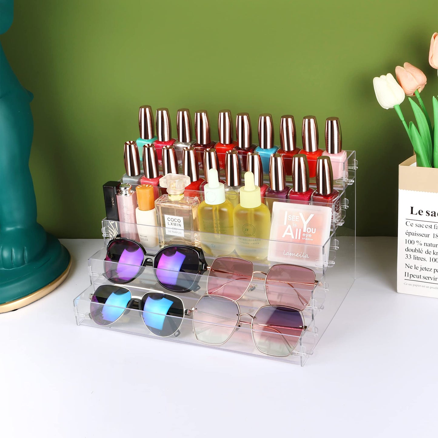 Acrylic 5-Tier Sunglasses Organizer, Clear Countertop Display Stand for Eyewear, Nail Polish, Makeup, or Essential Oils, Tool-Free Assembly, Shelf Storage for Home or Retail Use, Clear