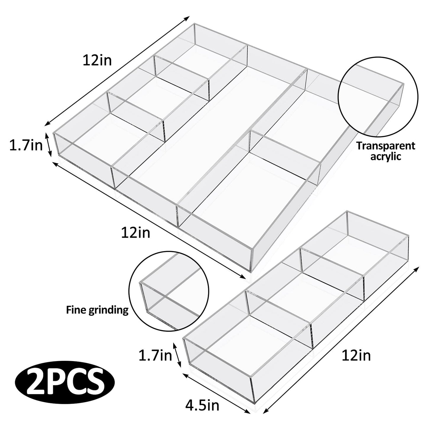 Clear Acrylic Drawer Organizer Set of 2, Includes a 6-Section and a 3-Section Divided Tray, Perfect as Desk Drawer Inserts, Makeup Storage, and Vanity Organization Solution