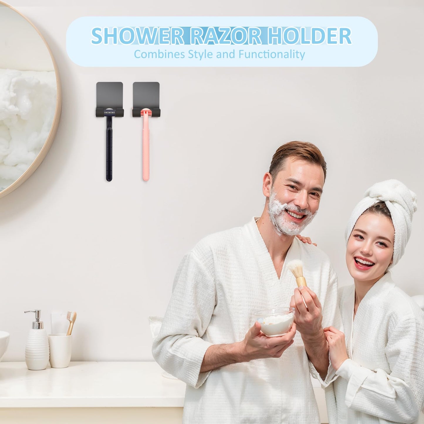 Clear Acrylic Adhesive Razor Holder Hooks 2 Pack, Waterproof His and Hers Shower Wall Organizer, Modern, For Bathroom and Bathtub Organization