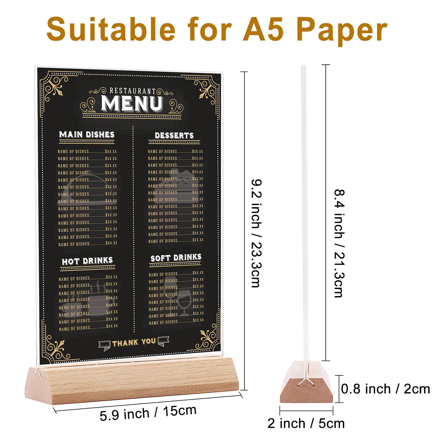 A5 Acrylic Sign Holder Table Stands 10 Pack, Double-Sided 23.3 x 15 x 5 cm Display with Wooden Base, Menu and Poster Holder for Restaurant Hotel Office or Events