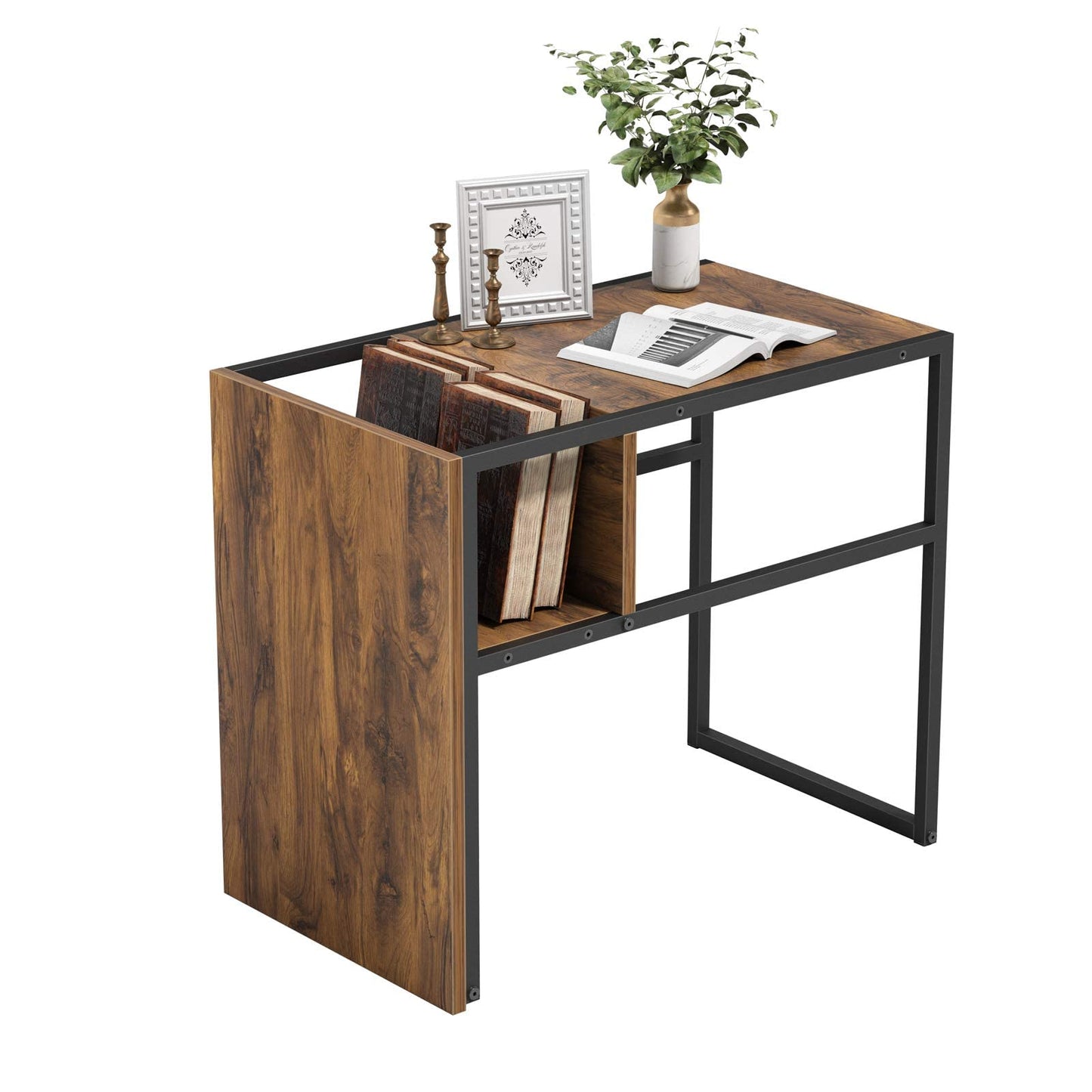 Sofa Side End Table, C Shaped Reversible Table with Wooden Shelf, Side Table for Living Room, Bedroom, Metal Frame Nightstand