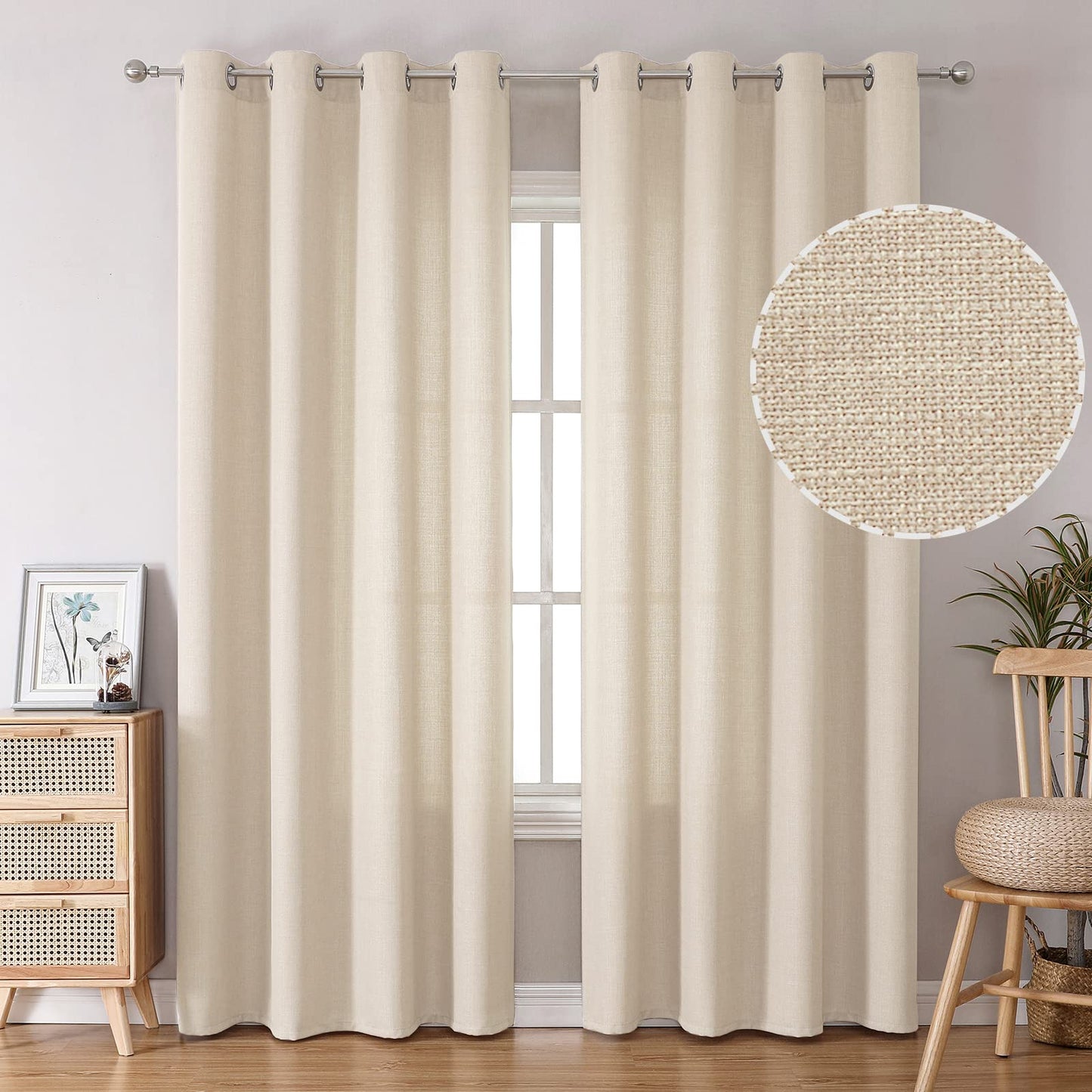 Natural Linen Curtains -Semi Transparent Sheer -Soft And Durable Fabric -For Living Rooms And Bedroom Steel Grommets -Two Pieces