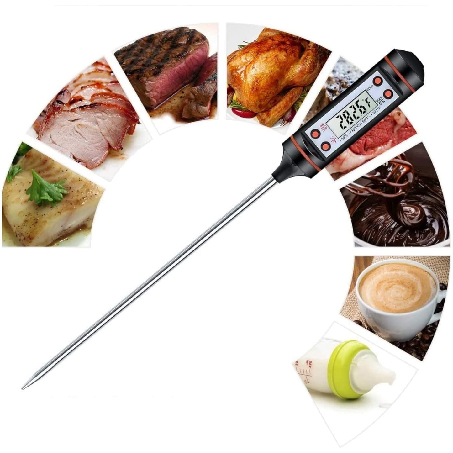 Ultra-Long Meat Thermometer – Instant Reading Digital Food Thermometer with °C/°F Button for Cooking, Grill, BBQ, Sweets, Milk, Water, and Baking