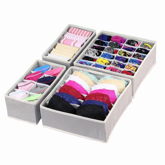 Underwear Drawer and Closet Organizer - Foldable Non-Woven Fabric Storage Boxes for Socks, Scarves, Clothes - Washable Dresser Drawer Divider - Space-Saving & Durable - 4 Pcs, Grey