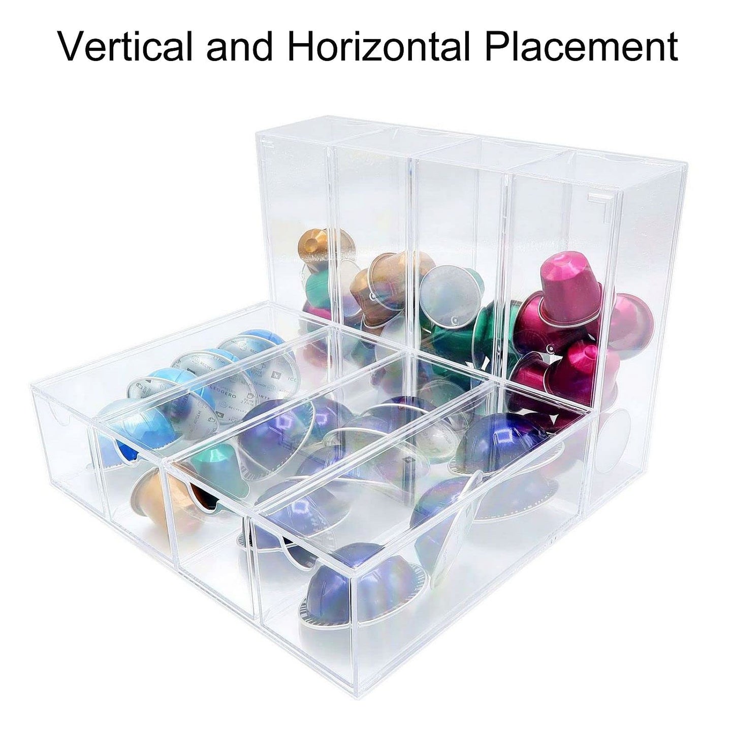 4-Compartment Acrylic Coffee Pod Holder and Desktop Organizer, Clear Storage Box for K-Cup Capsules and Coffee Bar Station Accessories, Multi-Use Desk and Kitchen Drawer Organizer
