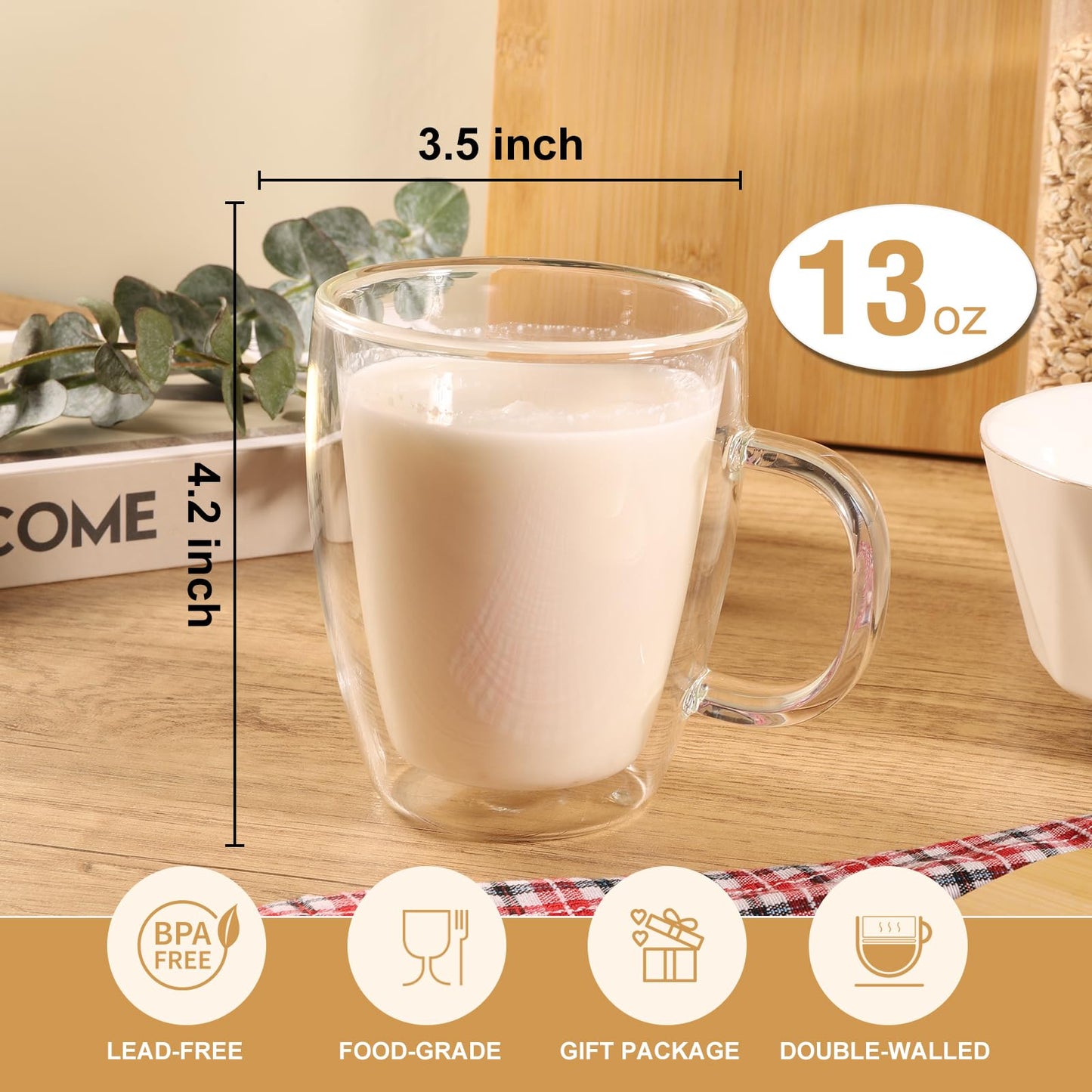 YUNCANG Double Wall Glass Coffee Mugs, (4-Pcak) 13 Ounces-Clear Glass Coffee Cups with Handle,Insulated Coffee Glass,Cappuccino Cups,Tea Cups,Latte Cups,Beverage Glasses Heat Resistant