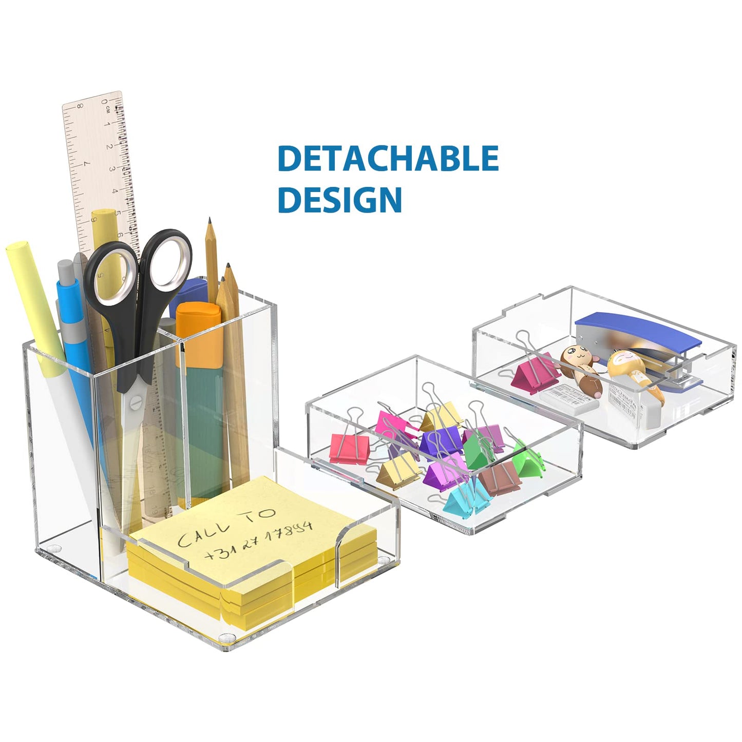 Clear Acrylic Desk Organizer with Adjustable Sticky Note Storage, 6-Compartment Office Desktop Caddy with Pen Holder and Accessory Bins for Modern Home and Office Stationary