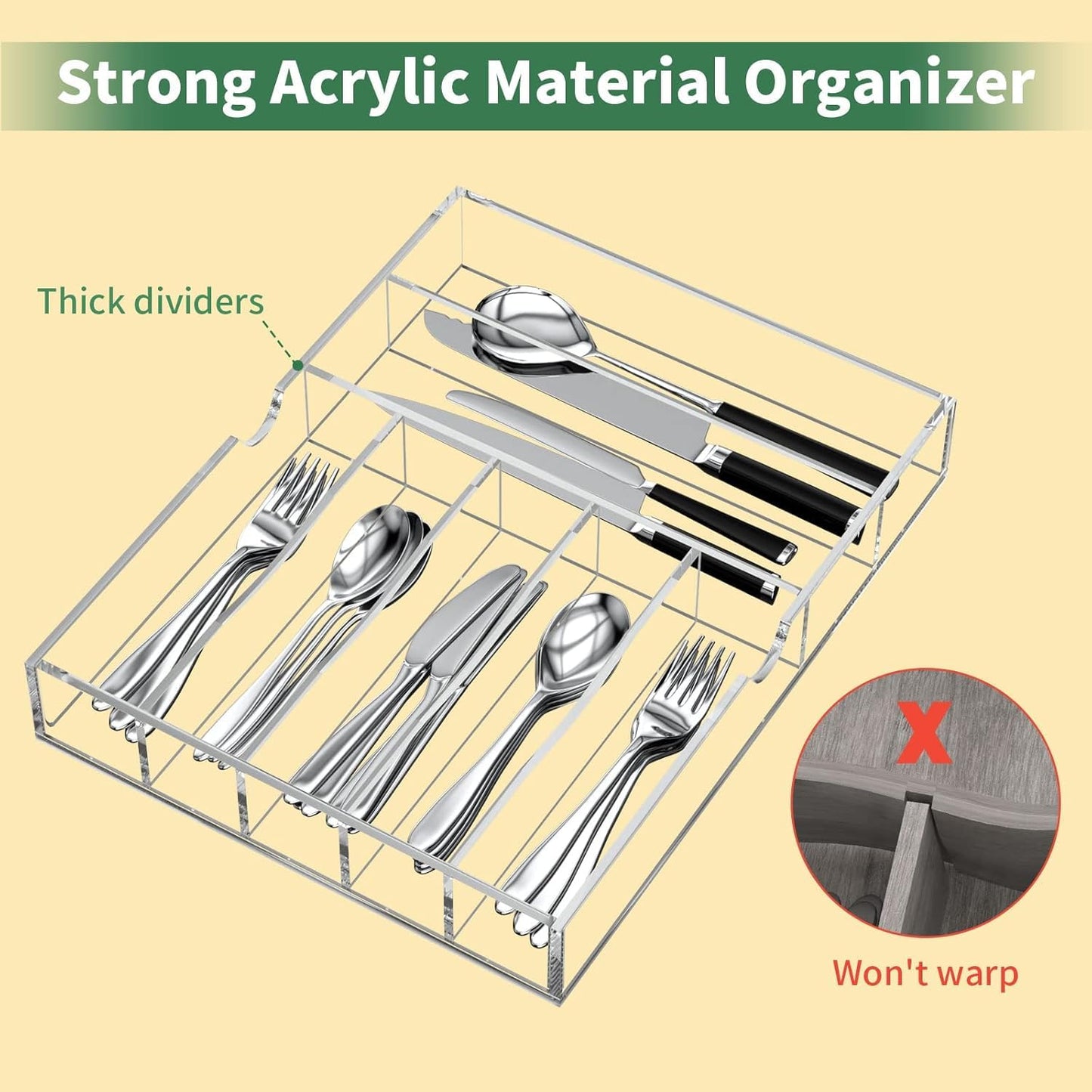 Clear Acrylic Expandable Drawer Organizer, Adjustable Cutlery Tray for Flatware Utensils and Supplies, 53.3 cm Wide, 7 Compartments with Sliding Sides for Kitchen Office or Bathroom Use