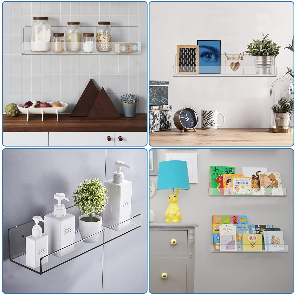 3-Piece Clear Acrylic Floating Wall Shelves Set, 38 x 10.9 x 5.8 cm, Mountable Display Shelf for Bathroom, Kitchen, Toy Storage, Book Organizer, and Living Room