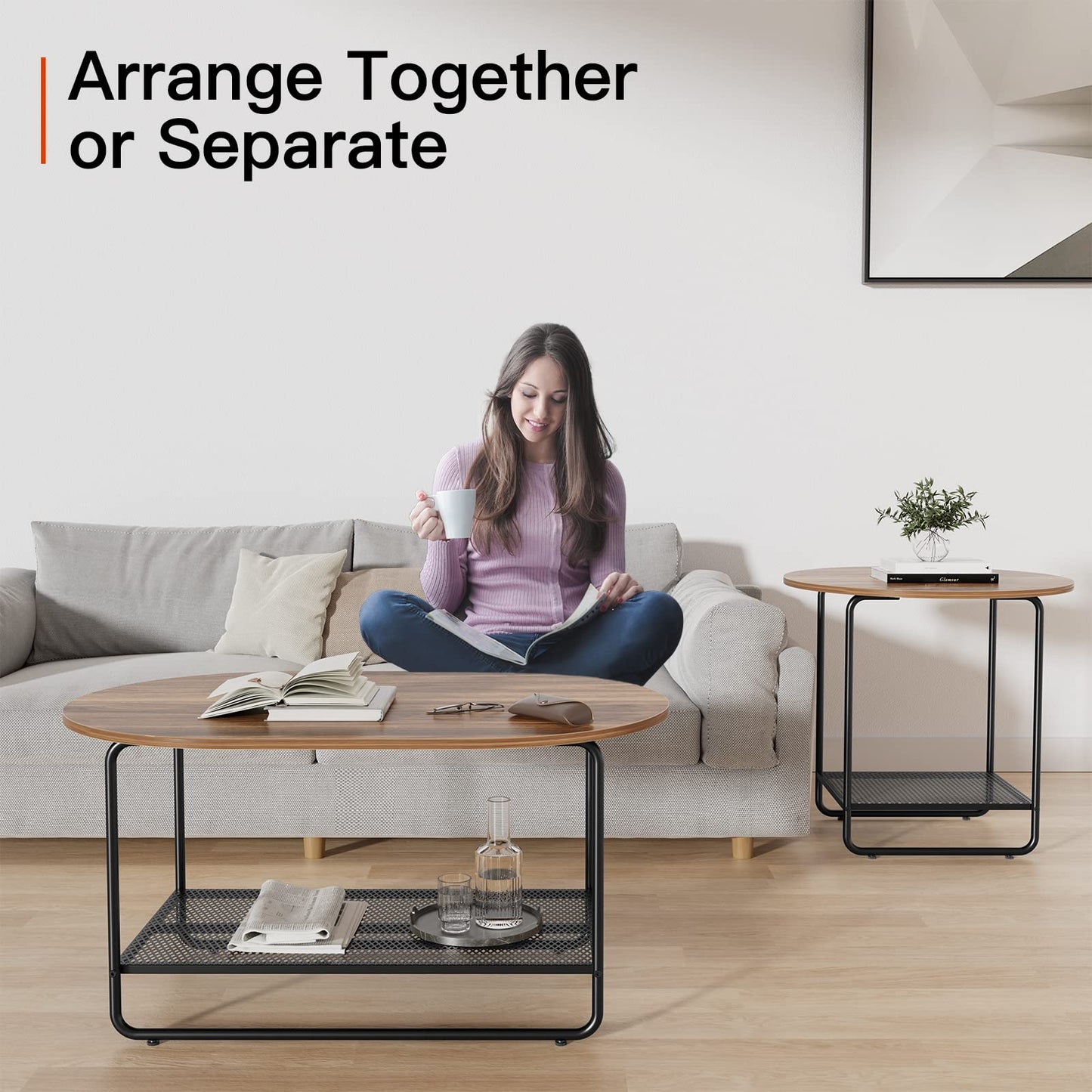 Coffee Table Set, 2-Tier Center Table with Open Shelf and Metal Frame, Modern Round Coffee Table for Living Room, Set of 2