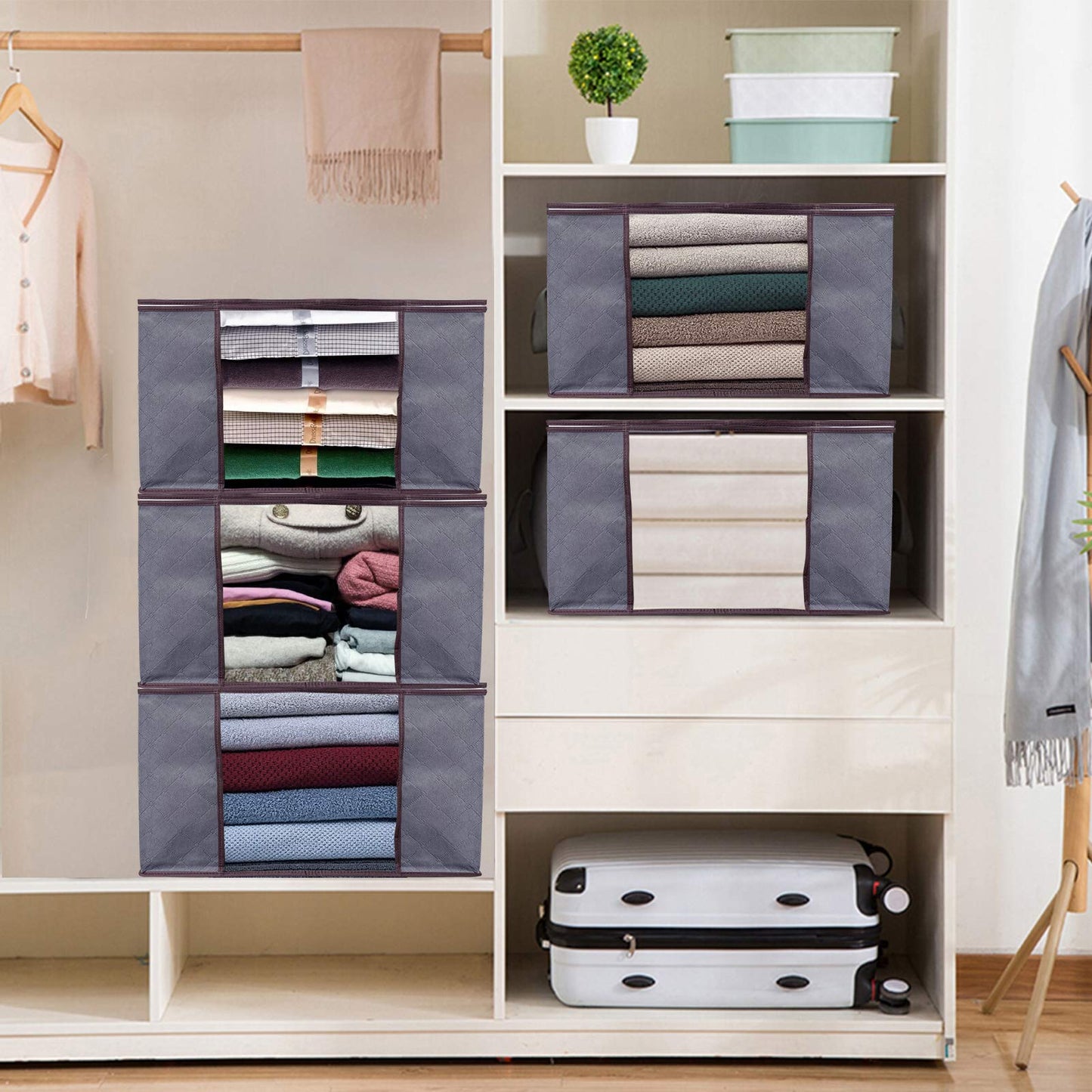 Protecu Large Clothing Storage Bins Box with Handles & Clear Window | Foldable Bedding Comforter Blanket Storage Bags with Zippers (Grey, 90L)