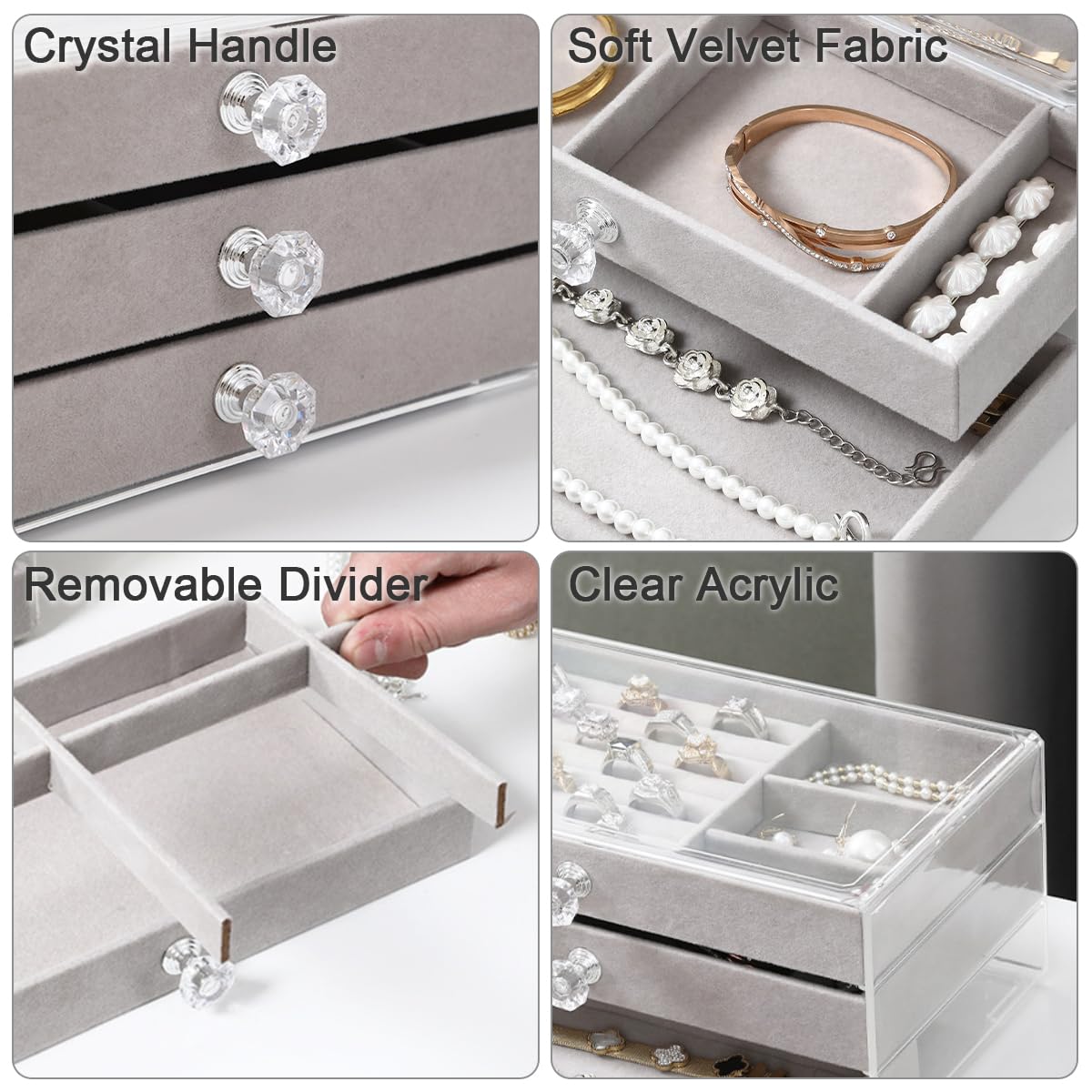 Clear Acrylic Jewelry Box – Large Capacity Organizer with 3 Velvet-Lined Drawers for Rings, Bracelets, Earrings, and Accessories