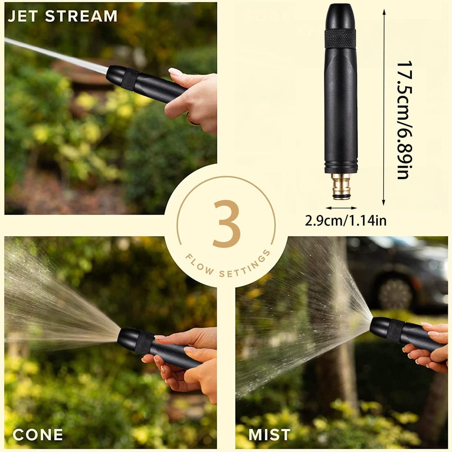 مسدس مياه محمول عالي الضغط، فوهة خرطوم معدنية شديدة التحمل مع تحكم قابل للتعديل في تدفق الإبهام، 3 أنماط رش، مثالي لغسيل السيارات وتنظيف الحدائق ومهام التنظيف الخارجية