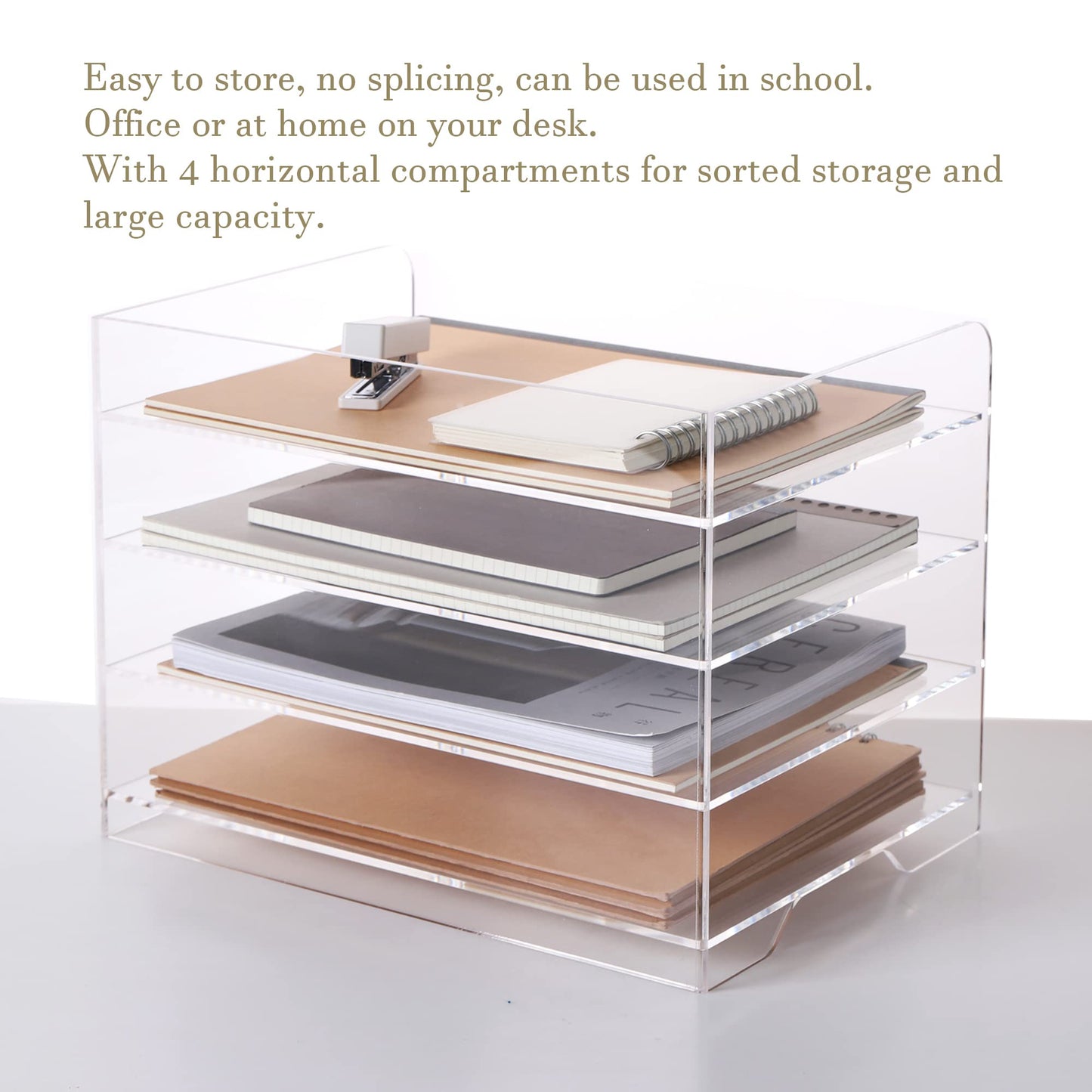 Clear Acrylic Paper Organizer Tray, Enlarged 4-Tier Letter Tray for Desk, Stackable File Storage Organizer for Office Accessories