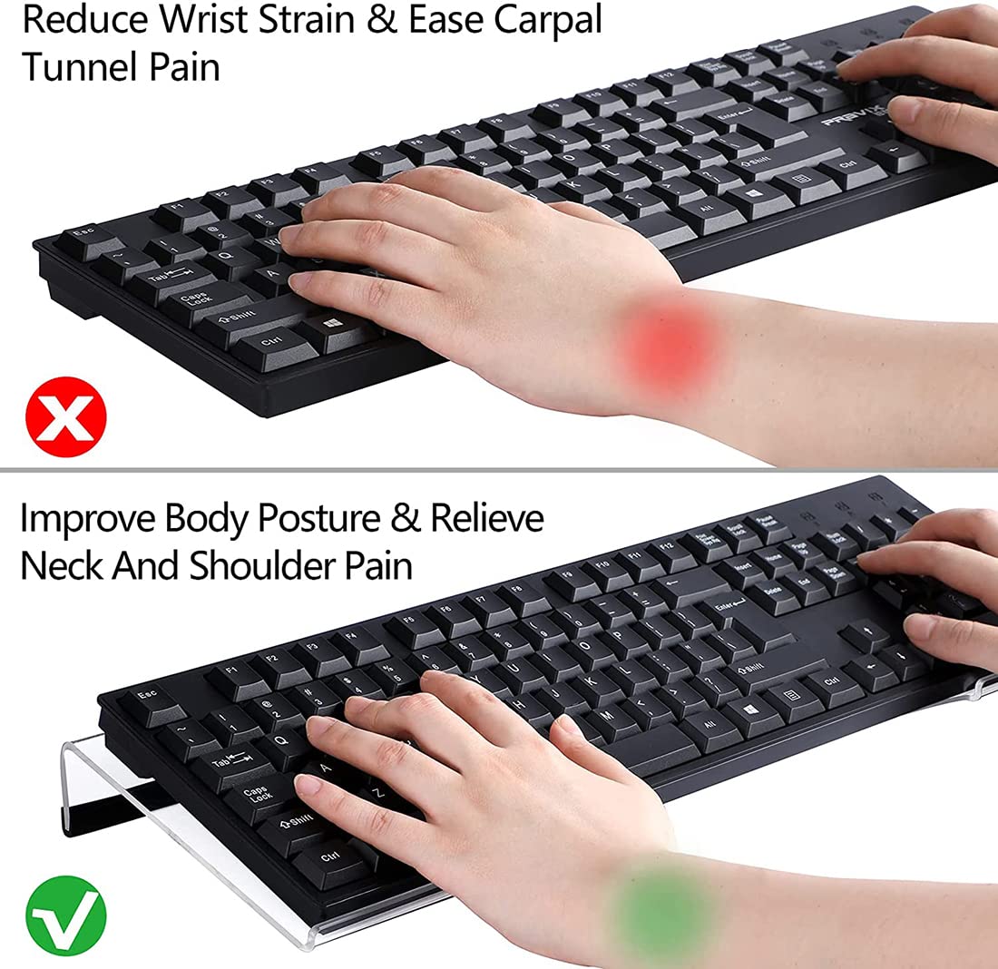 Acrylic Computer Keyboard Stand, Clear Keyboard Riser Tray with Rubber Strip, Supports Comfortable Typing Position for Home Office Desk and Workstations, Ergonomic Acrylic Holder, Clear