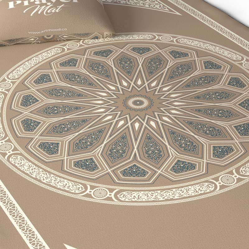 Velvet Prayer Mat in a warm Beige, 68x117 cm, a soft and luxurious Islamic rug with an elegant dome design, offering a comfortable and dedicated space for daily prayers and reflection