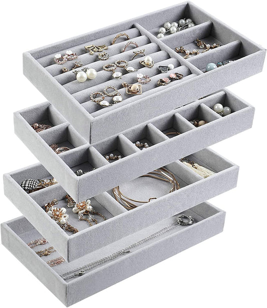 Jewelry Organizer Trays, Set of 4 Stackable Closet Drawer Accessories for Earrings, Rings, Bracelets, Necklaces & Cosmetics, Display & Storage Showcase with Removable Trays