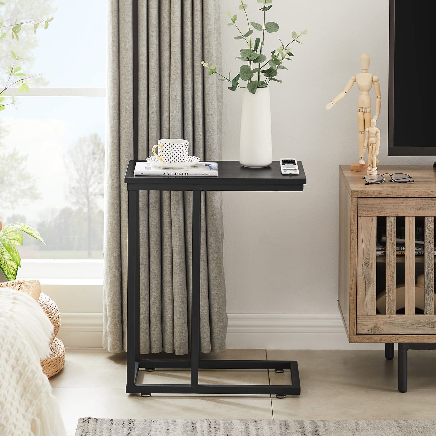 C Shaped End Side Tables for Living Room Set of 2, Black