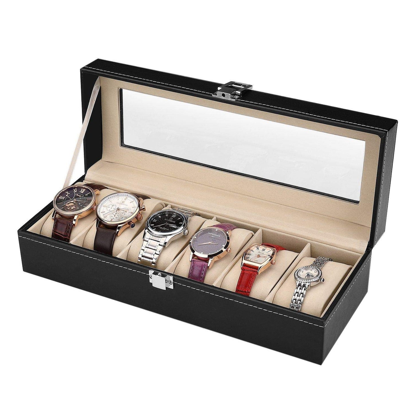 Watch Organizer, 6 Slot PU Leather Watch Storage Case with Lock and Key, Elegant Jewelry Display Box, Perfect for Men's and Women's Watches