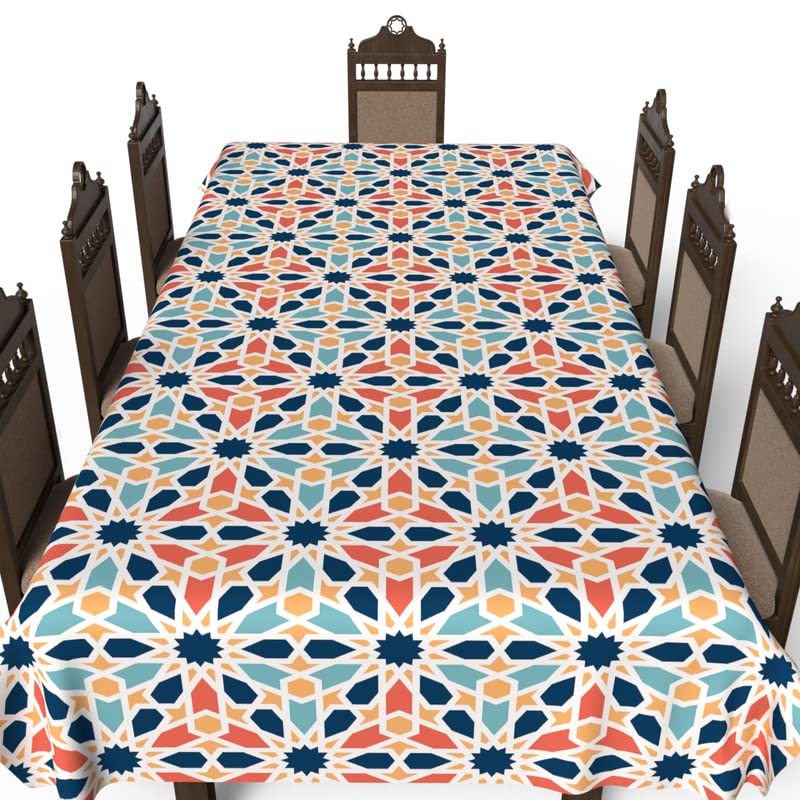 Islamic Arabesque Waterproof Tablecloth, a Multicolor 140x300 cm Rectangular Table Cover of Spillproof Polyester with an Islamic Pattern, a Durable Protector for Festive Family Gatherings