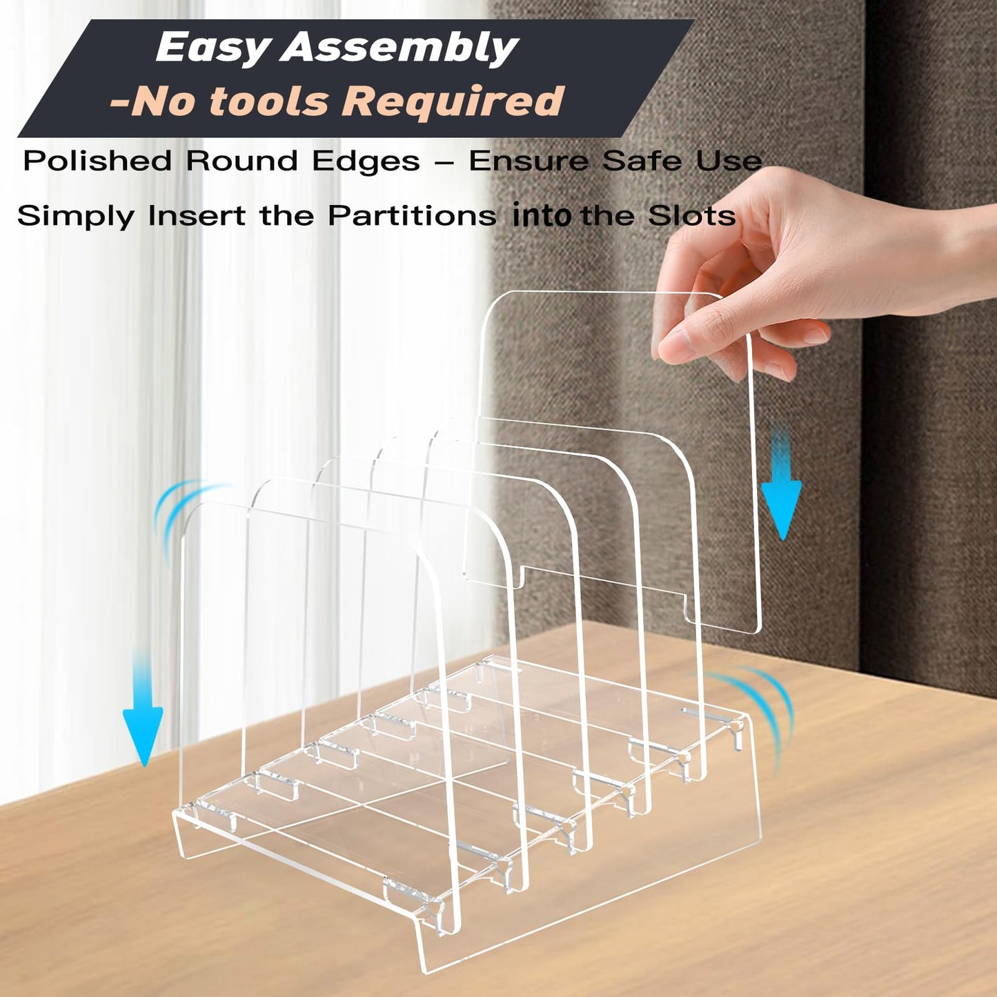 Vertical File Holder and Sorter, 5-Section Clear Acrylic Desktop Organizer Stand for Folders, Mail, and Books, Modern Transparent File Rack for Efficient Office, School, and Home Use