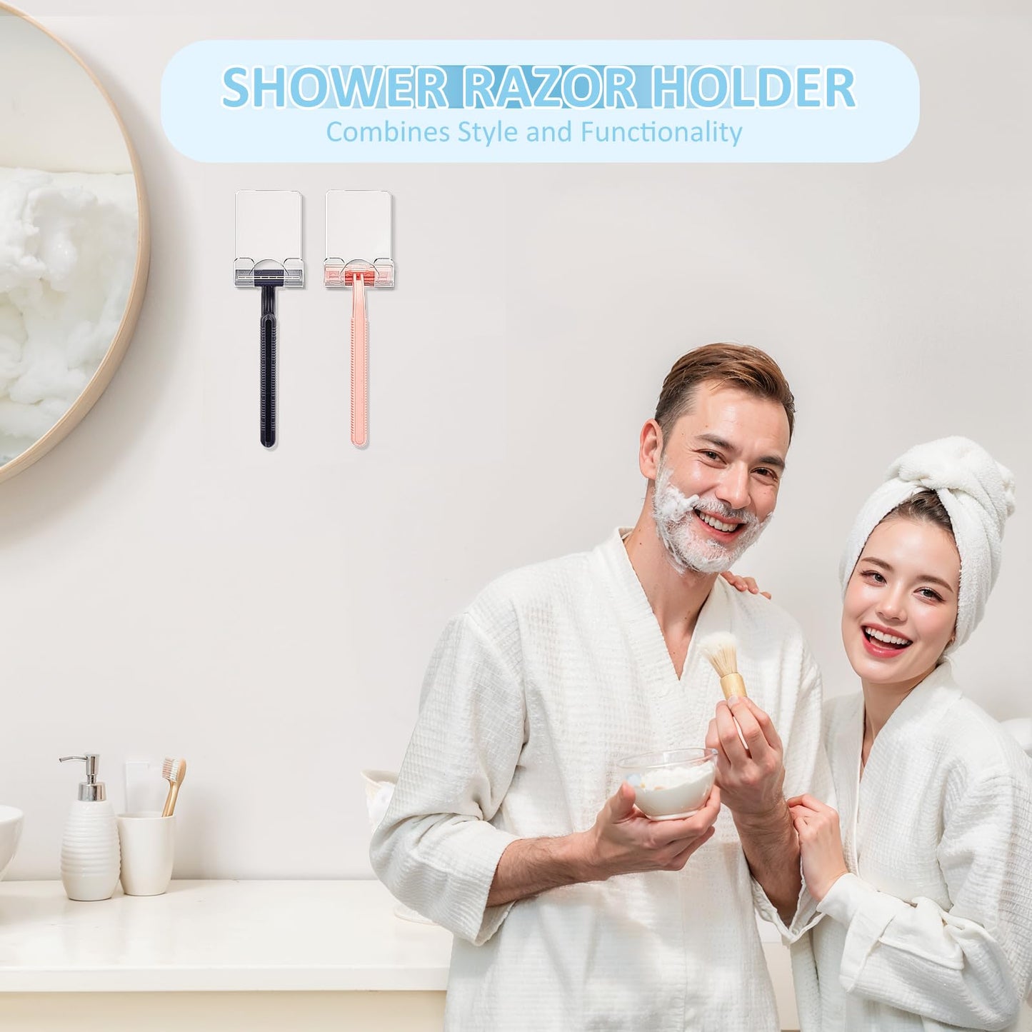 Clear Acrylic Adhesive Razor Holder Hooks 2 Pack, Waterproof His and Hers Shower Wall Organizer, Modern, For Bathroom and Bathtub Organization