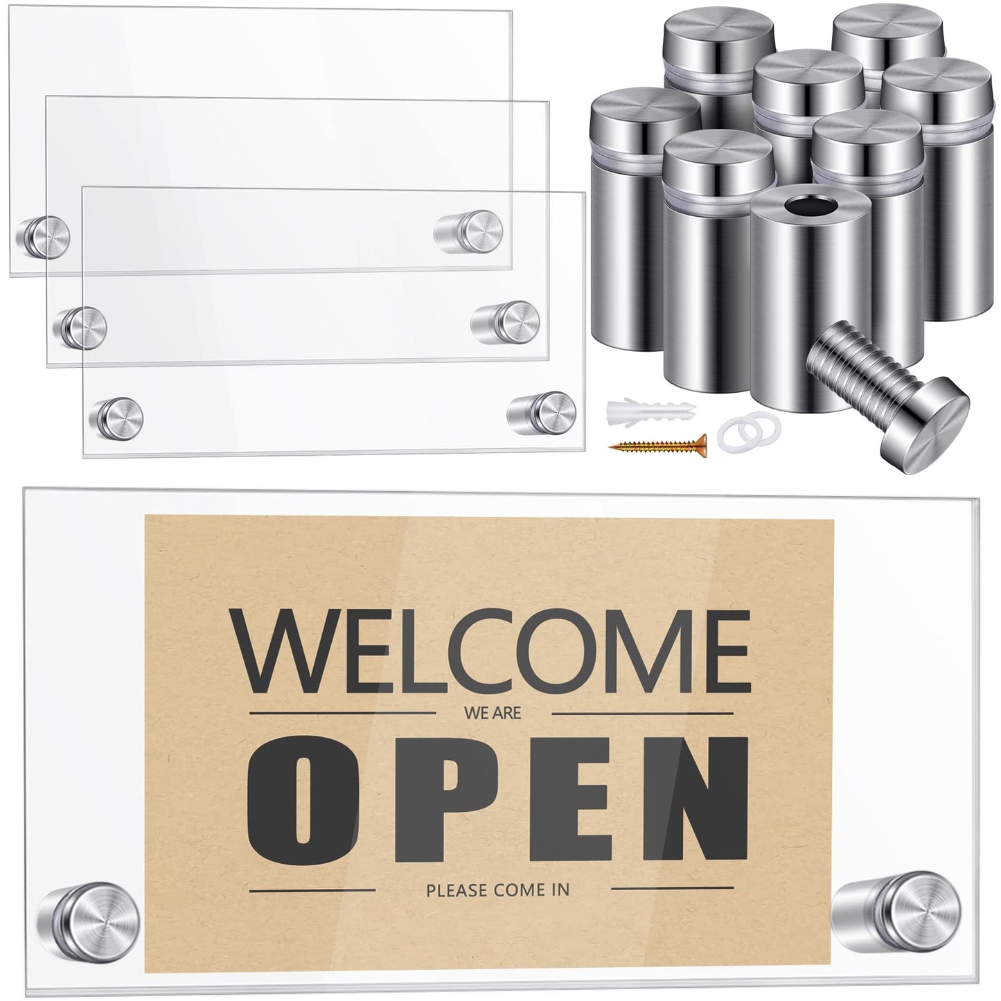 4 Sets Wall Mount Acrylic Name Plate Holders, 15x7 CM Clear Office Door Sign with Stainless Steel Standoff Screws, Modern Display Frames for Business, Home, and Stores