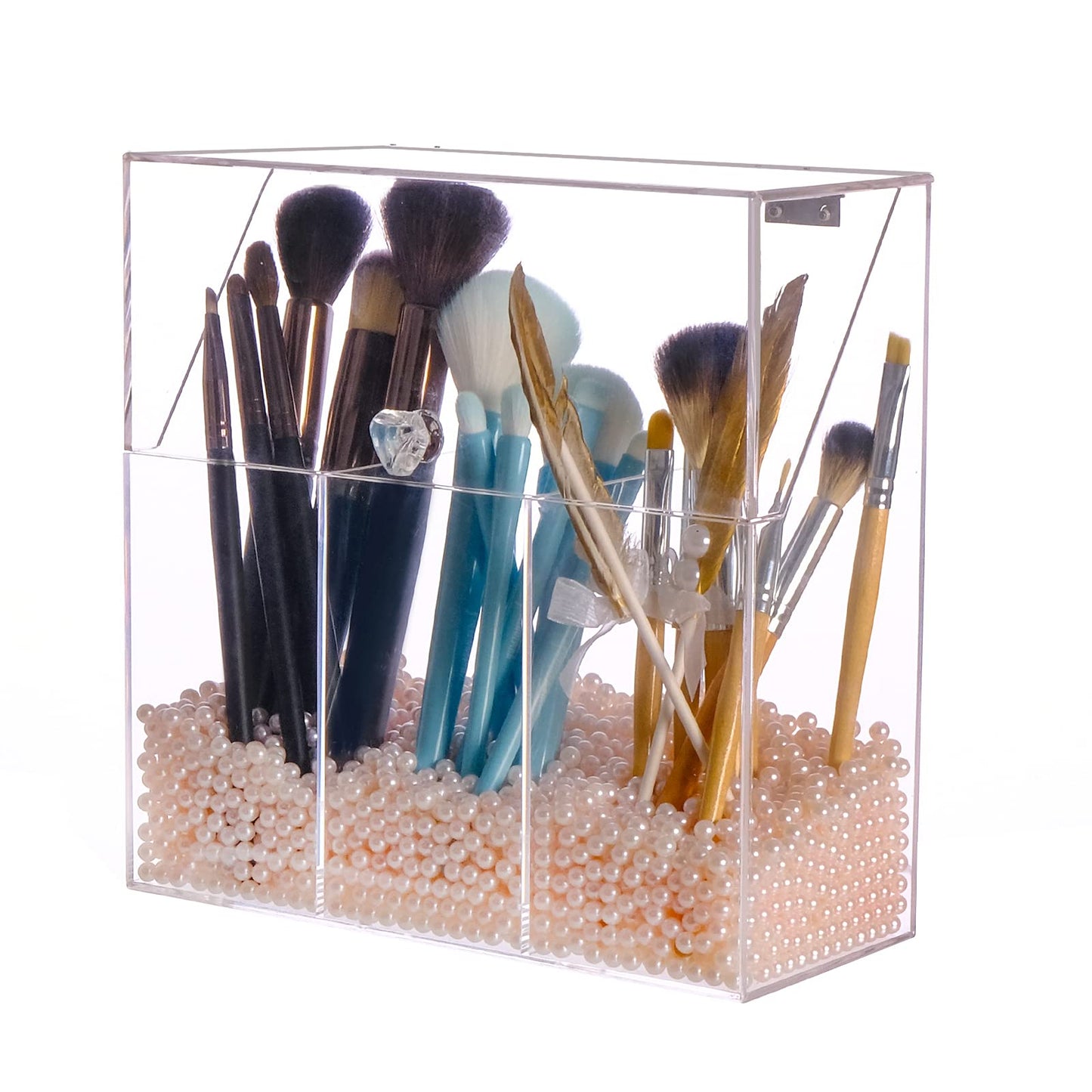 Acrylic Makeup Brush Holder with Lid, 3-Slot Organizer with Decorative Pink Pearls, Clear Protective Storage for Vanity or Bathroom, Heavy-Duty Cosmetics Stand, Elegant Organizer, Clear
