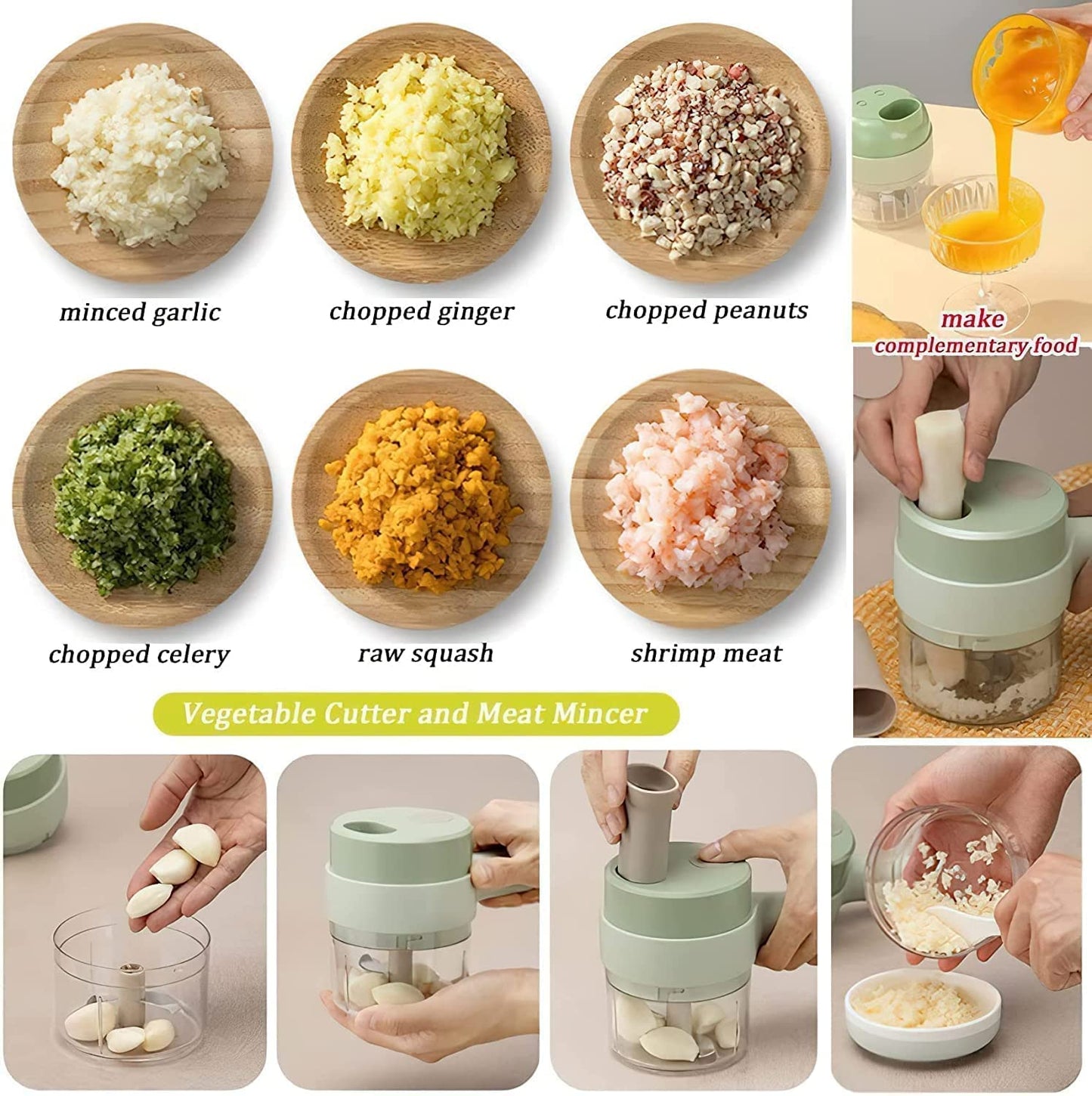 4-in-1 Electric Handheld Cooking Cutter Vegetable Cutter, Multifunction Food Chopper and Slicer for Garlic, Pepper, Chili, Onion, Celery, Ginger, and Meat with Cleaning Brush