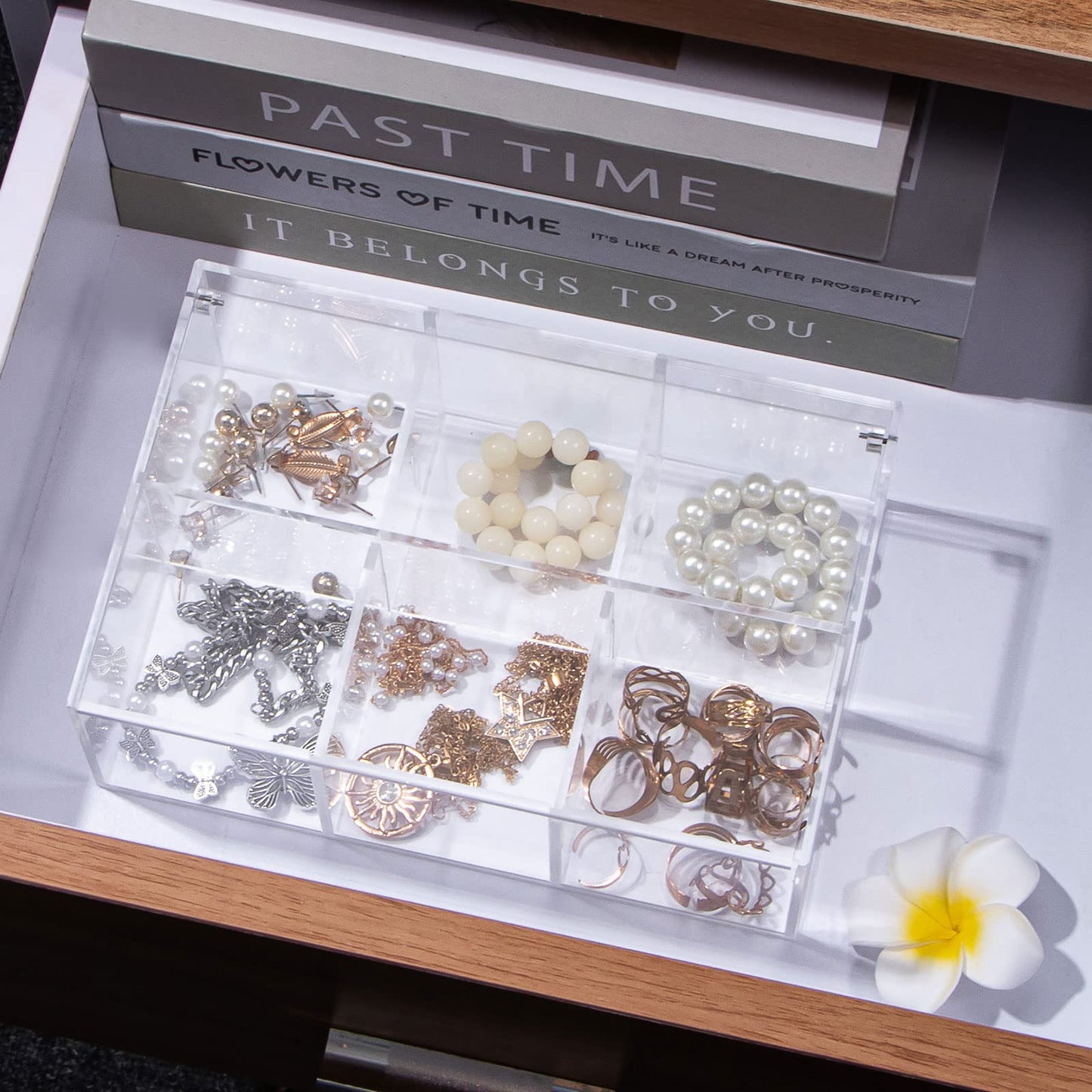 6-Compartment Clear Acrylic Box with Lid, Divided Plastic Drawer Organizer and Desk Container for Jewelry, Candy, Coffee Pods, and Makeup Accessories, Versatile Small Item Storage