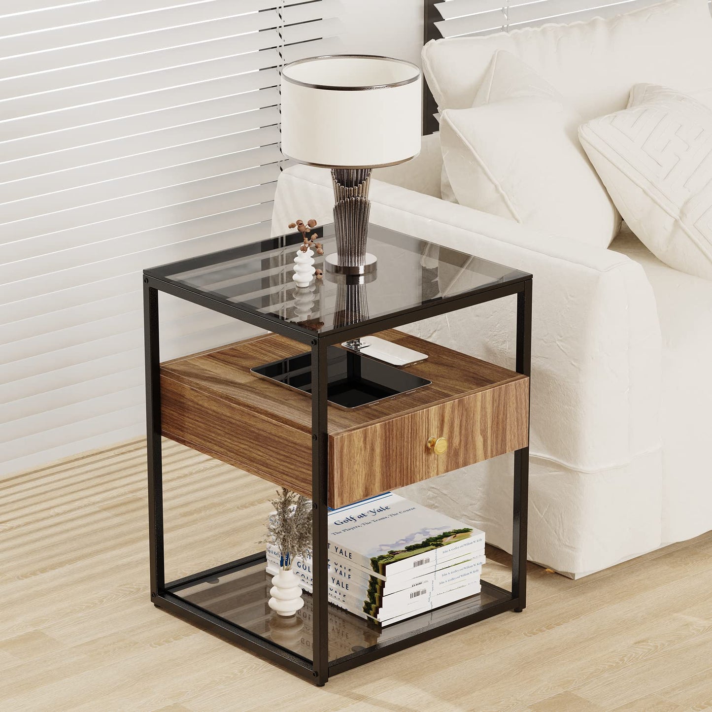 Bedside Table with Drawer: Tempered Glass Sofa Side Table Modern Nightstand with Wood Storage Shelf and Metal Black Frame Small Coffee Table for Living Room Bedroom