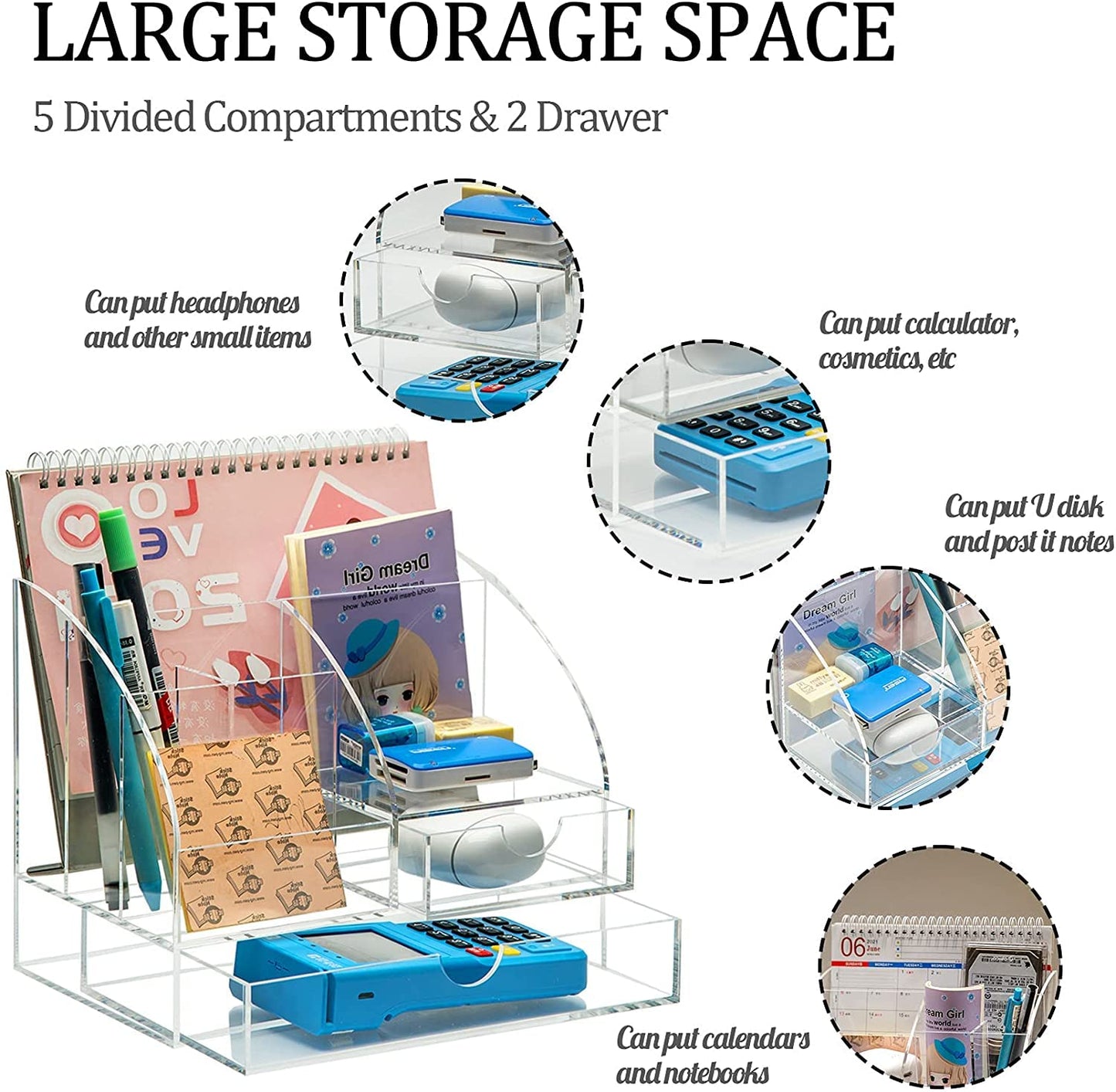 Acrylic Desk Organizer with 2 Drawers, Clear 5-Compartment Pen Holder and File Sorter, All-in-One Office Supplies Storage for Dorm, Home, and School, Desktop Caddy