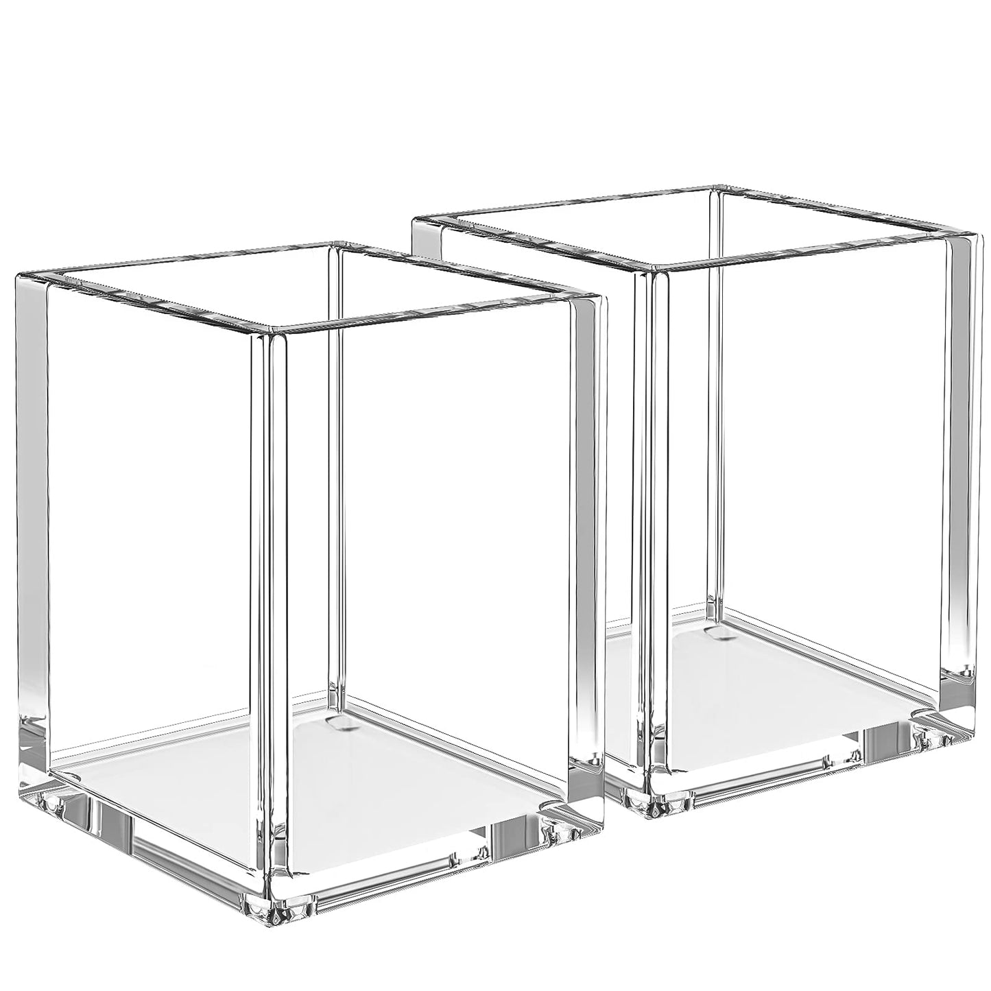 Clear Acrylic Pen and Pencil Holders for Desk, Set of 2, Modern and Sturdy Pen Cups for Office and Home, Versatile Makeup Brush Organizers, Transparent Desktop Stationary Storage