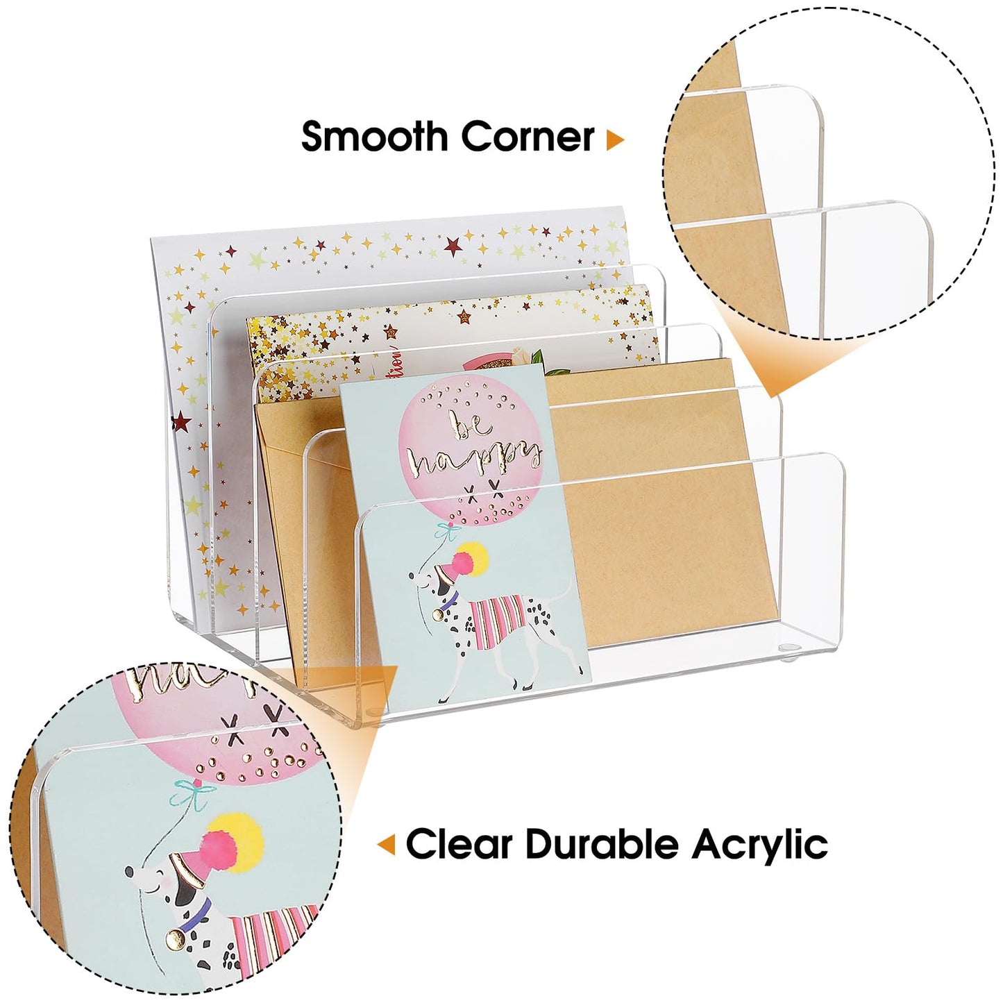 4-Section Vertical Acrylic File Holder, Clear Desk Organizer for Envelopes, Letters, and Documents, Modern File Sorter for Notebooks and Electronics like Tablets and Laptops