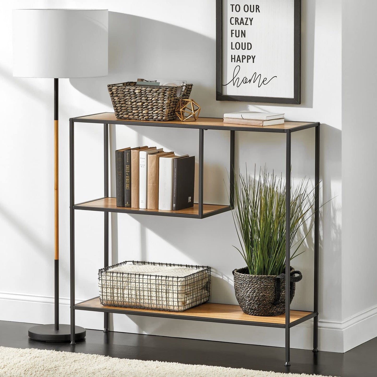 Modern Wood Console Table with Shelf - Sturdy Metal Frame - Furniture Unit for Living Room, Bedroom, Hallway, Entryway - Adjustable Feet, Water-Resistant, Wood Top - Black/Nordic Walnut