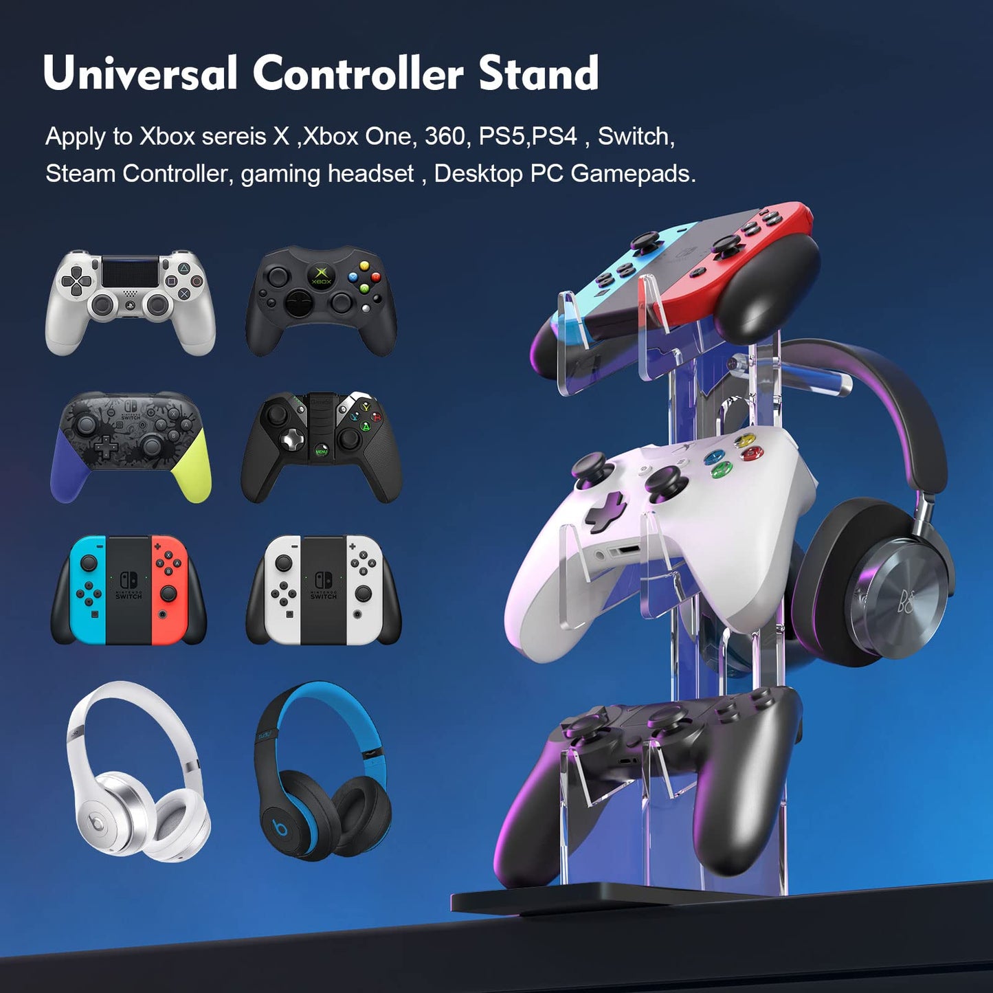 3-Tier Headset and Dual Controller Stand, Universal Gaming Organizer Rack for Desk, Clear Acrylic Holder for PS5, PS4, and Xbox Accessories, Modern Gamer Storage Station