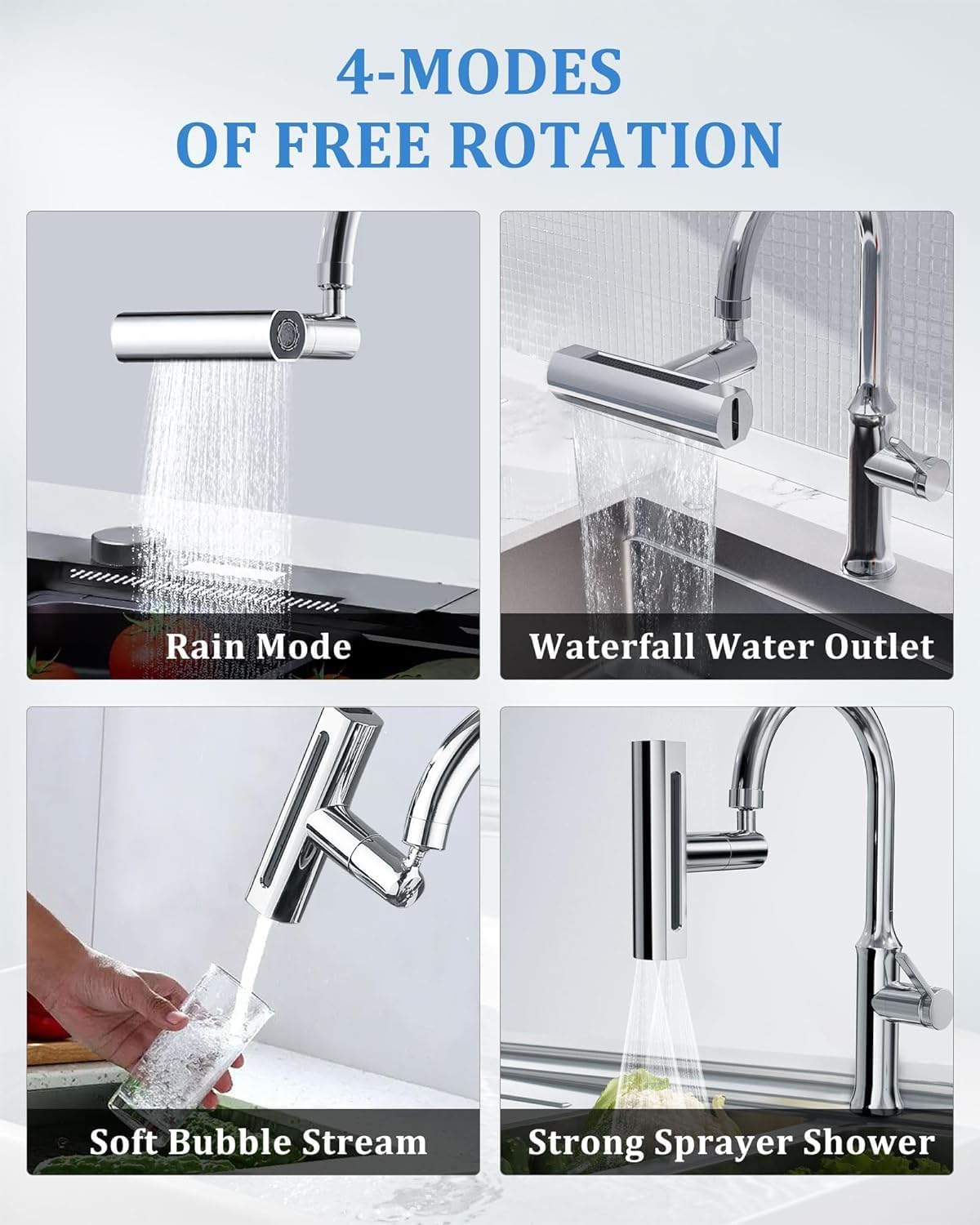 4-in-1 Waterfall Kitchen Faucet – 360° Swivel Faucet Extender for Kitchen Sink, Splash-Proof High Arc Faucet Head Replacement, Ideal for Washing Fruits and Vegetables