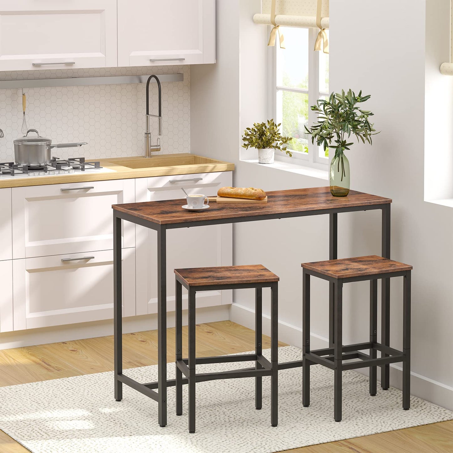 Bar Stools, Set of 2 Bar Chairs with Footrest, Black Steel Frame, Adjustable Feet, for Living Room, Dining Room, Kitchen, Industrial Design, Rustic Brown