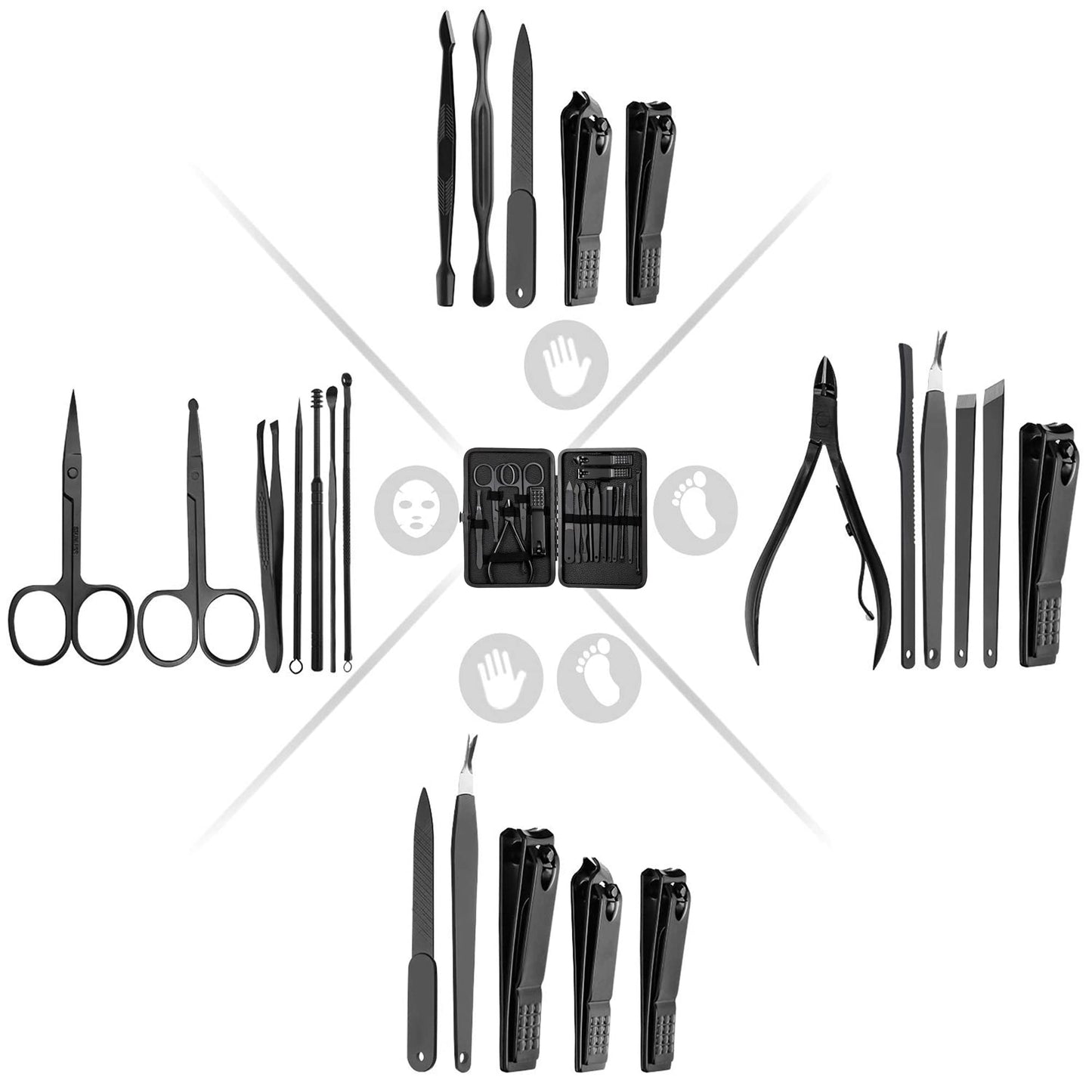 Profession Nail Clippers Set 18 pcs?Black Stainless Steel Sharp Nail Trimmer Pedicure and Manicure Set with Cortex Metal Case for Men and Women