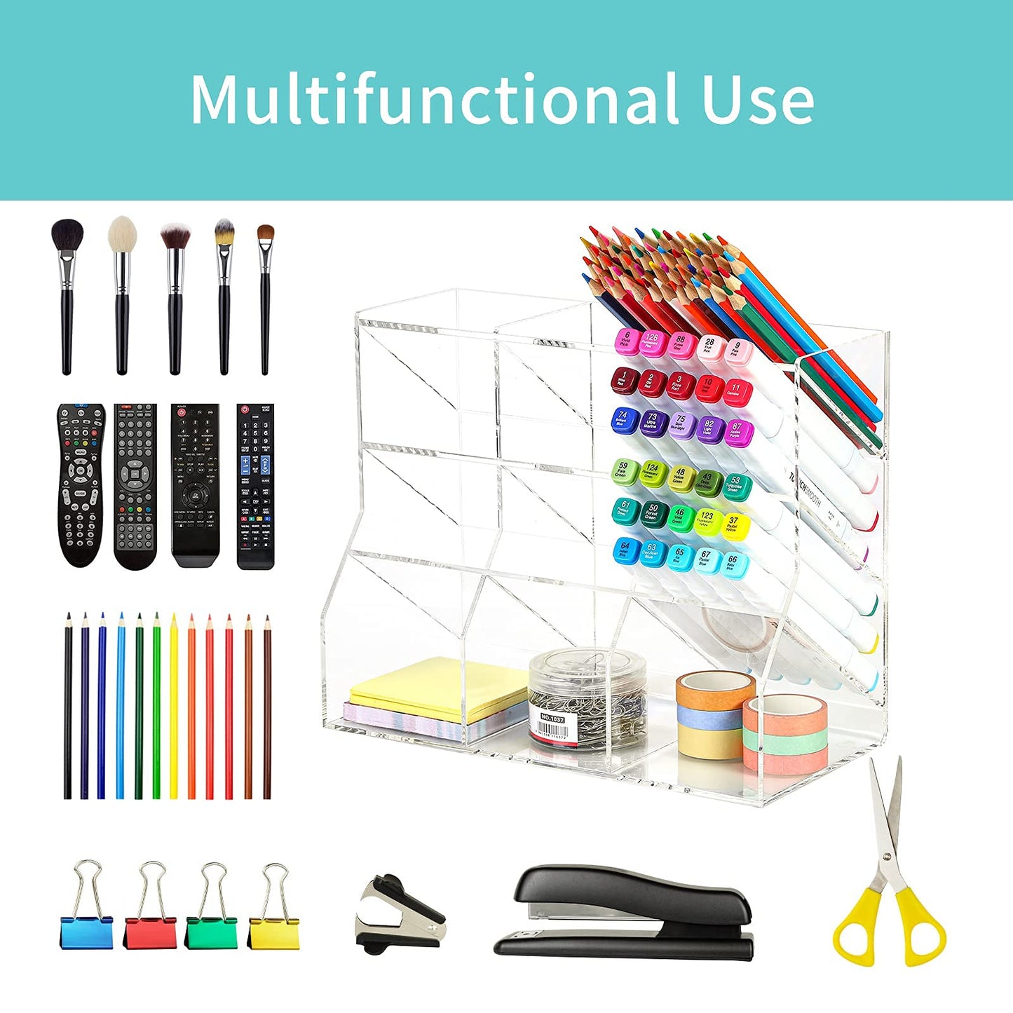 Multi-Functional Acrylic Pen and Marker Organizer for Desk, 12-Compartment Clear Desktop Pencil Holder and Stationary Caddy for Efficient Home, Office, and Art Supply Organization