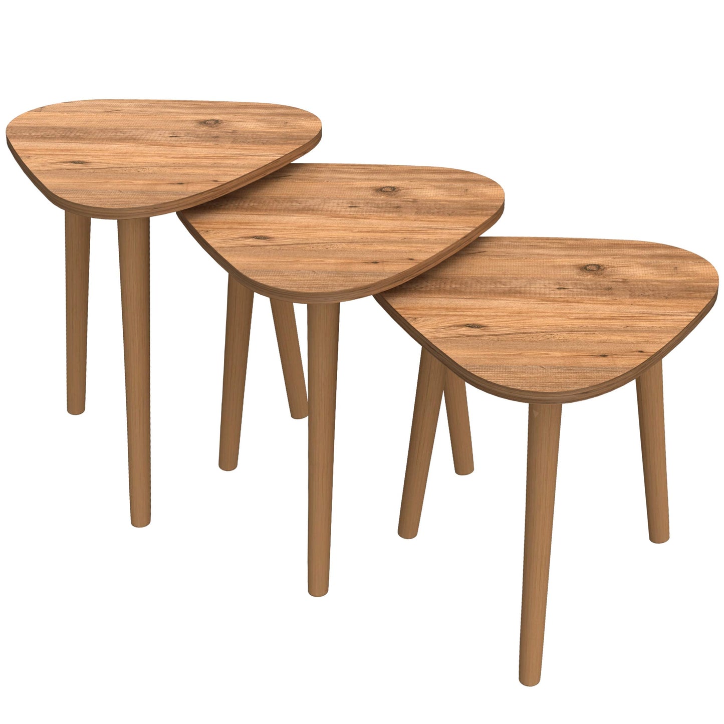 Set of 3 Pine Wood Triangle Nesting End Tables Round Wood Stacking Coffee Side Accent Table with Metal Legs for Living Room, Home Office, Nightstands for Bedroom