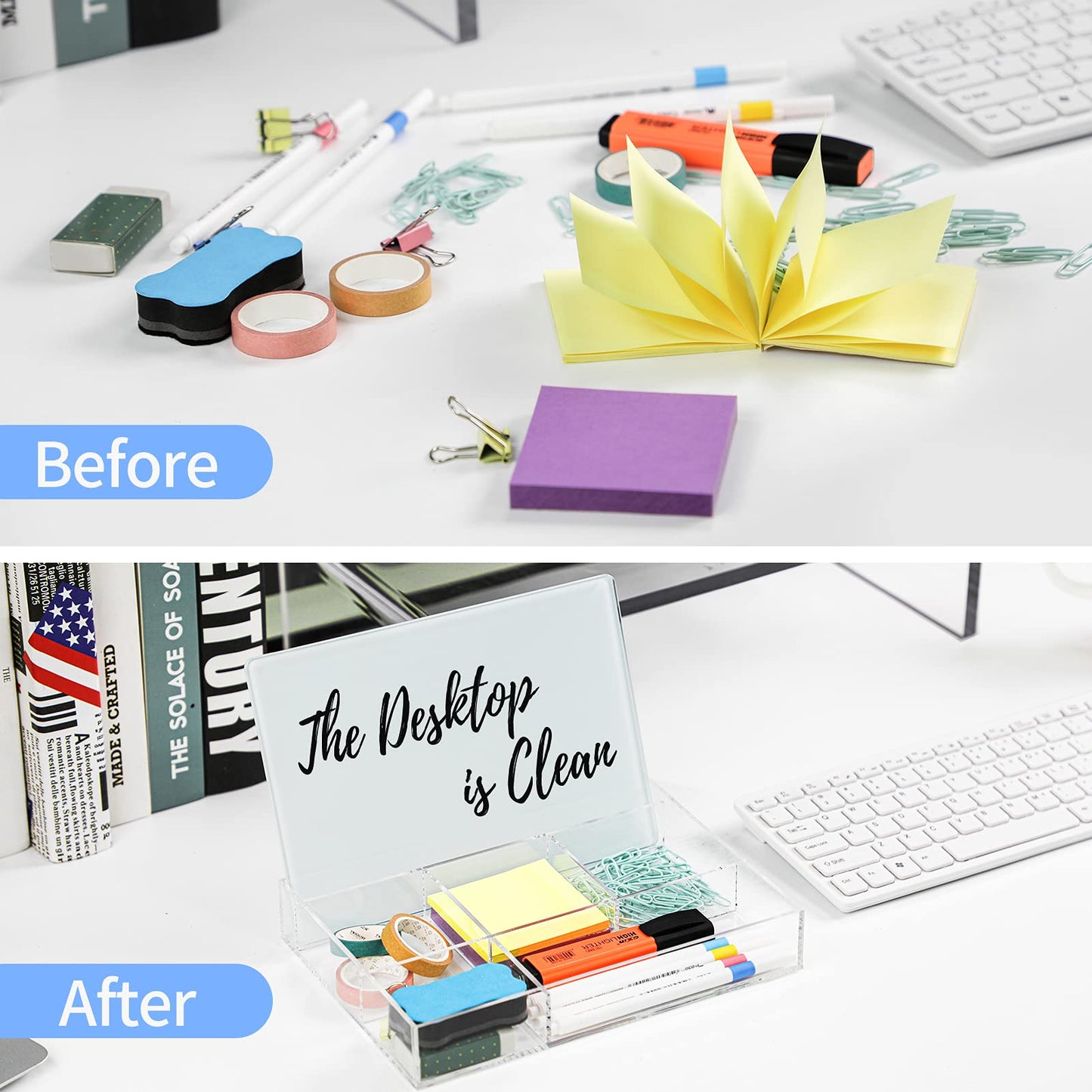 Desktop Glass Dry Erase Board with Organizer, Small Whiteboard with Storage Base and Marker Tray, Modern Desk Pad and Note Board for Office, Home, and School Supplies (White)