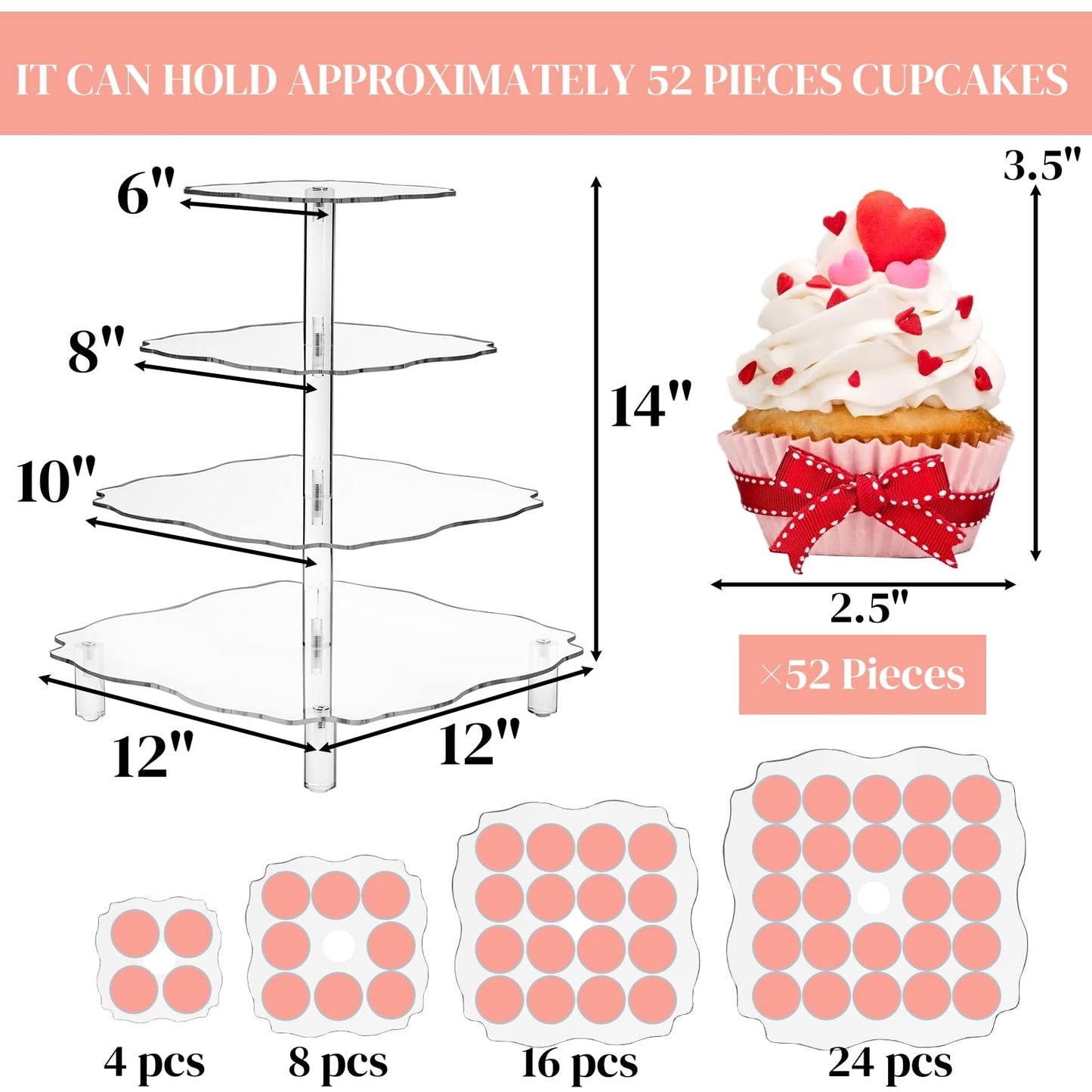 Acrylic Cupcake Tower Stand, 4-Tier Square 30 cm Display Holder, Clear Dessert and Pastry Tower with Rod Feet for 52 Cupcakes, Perfect for Wedding, Birthday, Baby Shower and Party Events