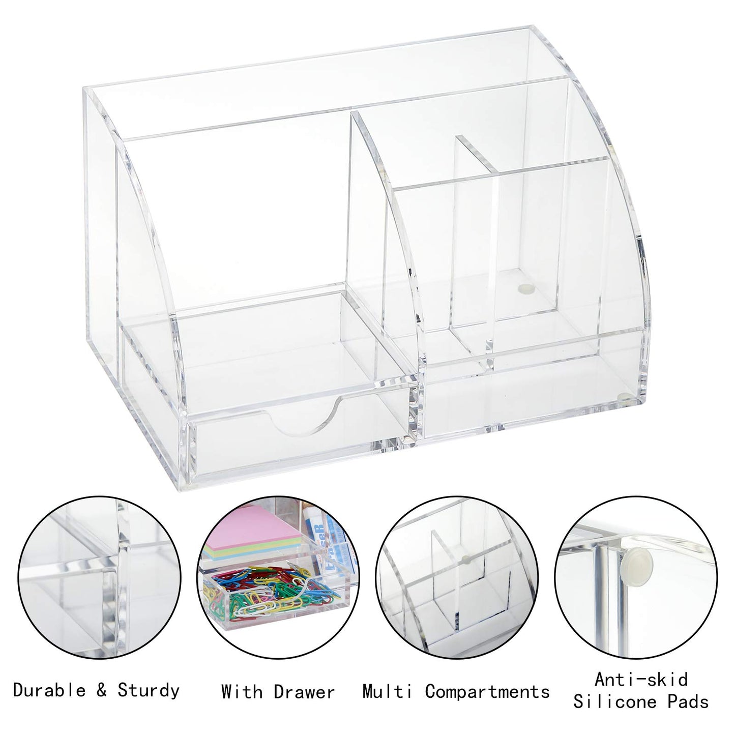 All-in-One Clear Acrylic Office Desk Organizer with Drawer, Multifunctional Makeup Holder and Stationery Caddy with Multiple Compartments for Home and School Supplies