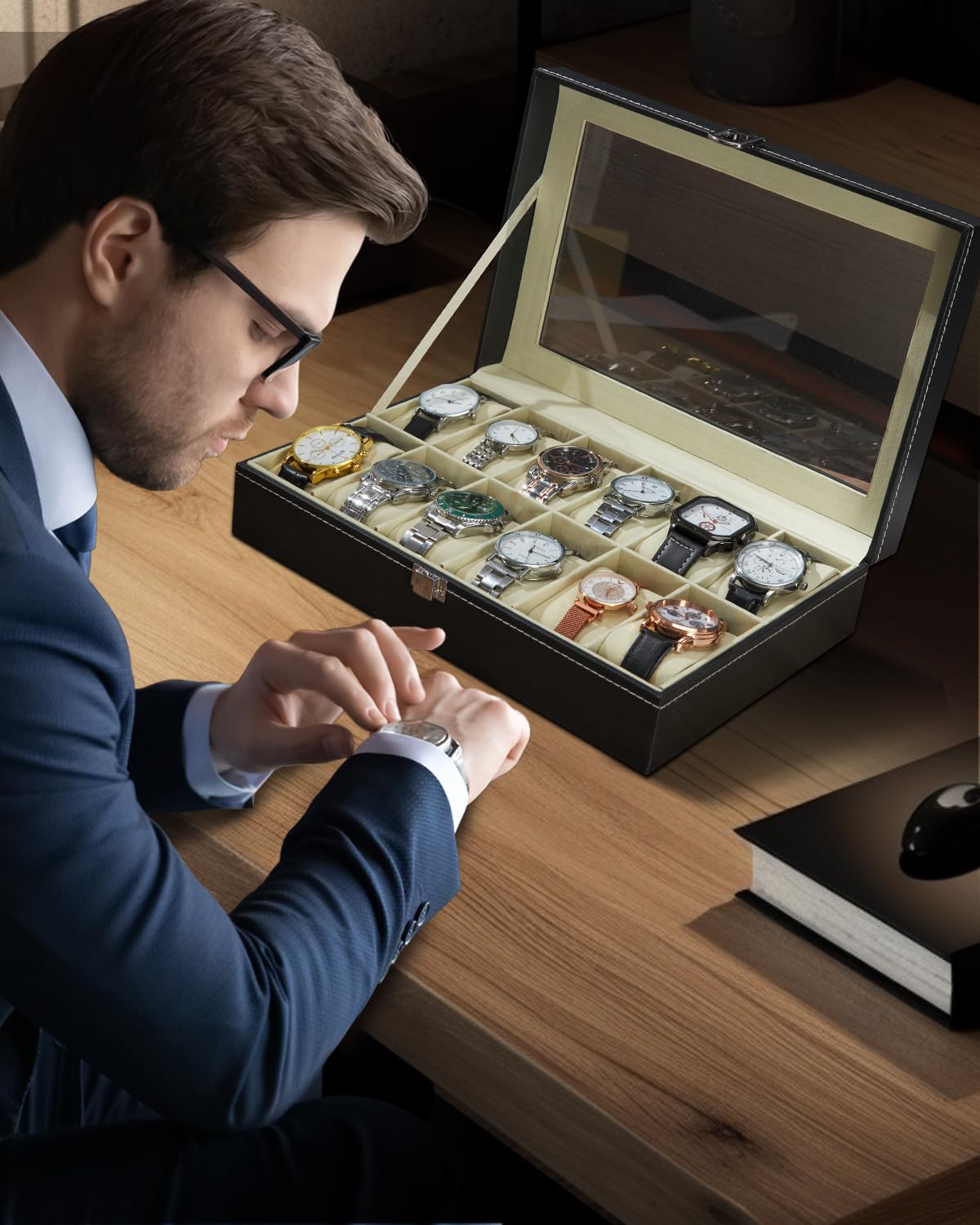 Watch Organizer Case for Men, 12 Slot Watch Box with Real Glass Lid, PU Leather Display Storage, Soft Velvet Interior, Jewelry Holder