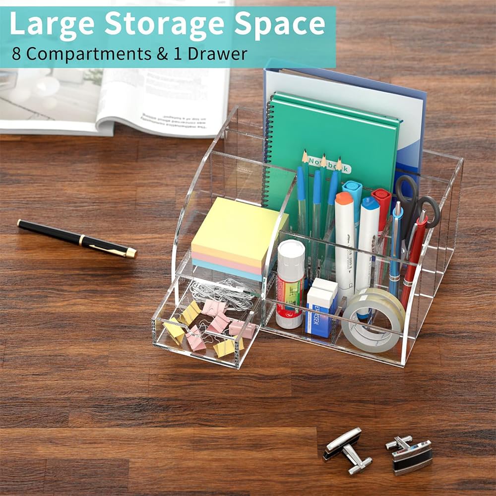 Acrylic Desk Organizer, Clear Office Supplies Storage Solution with 8 Compartments & 1 Sliding Drawer, Multi-Functional Desktop Stationary Caddy for Home, School & Office Use