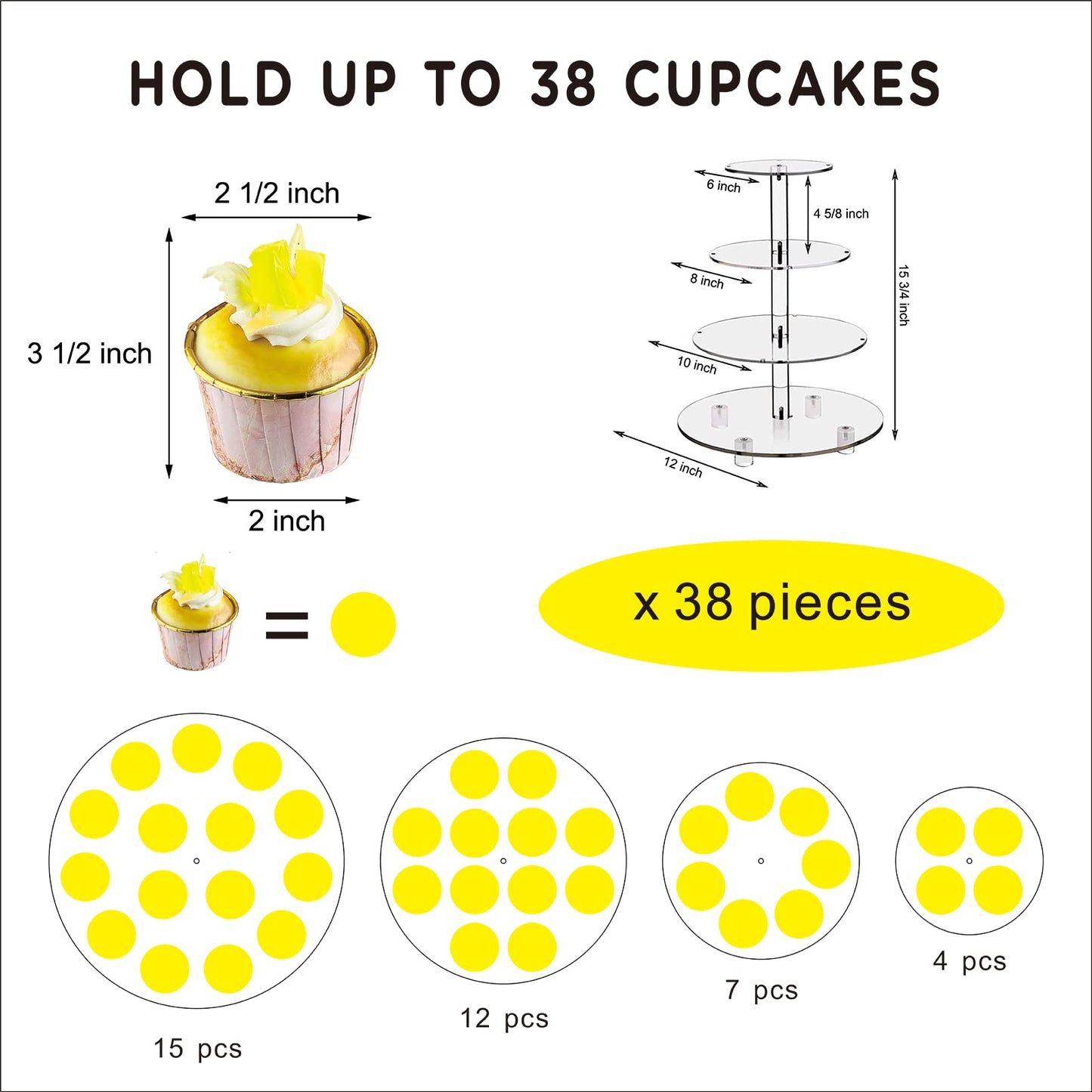 Acrylic Cupcake Stand, 4 Tier Round Display Tower with LED Light String, for Weddings, Birthday Parties, Dessert Tables, Pastry and Cake Display, 30 cm Height, Clear with Yellow Light