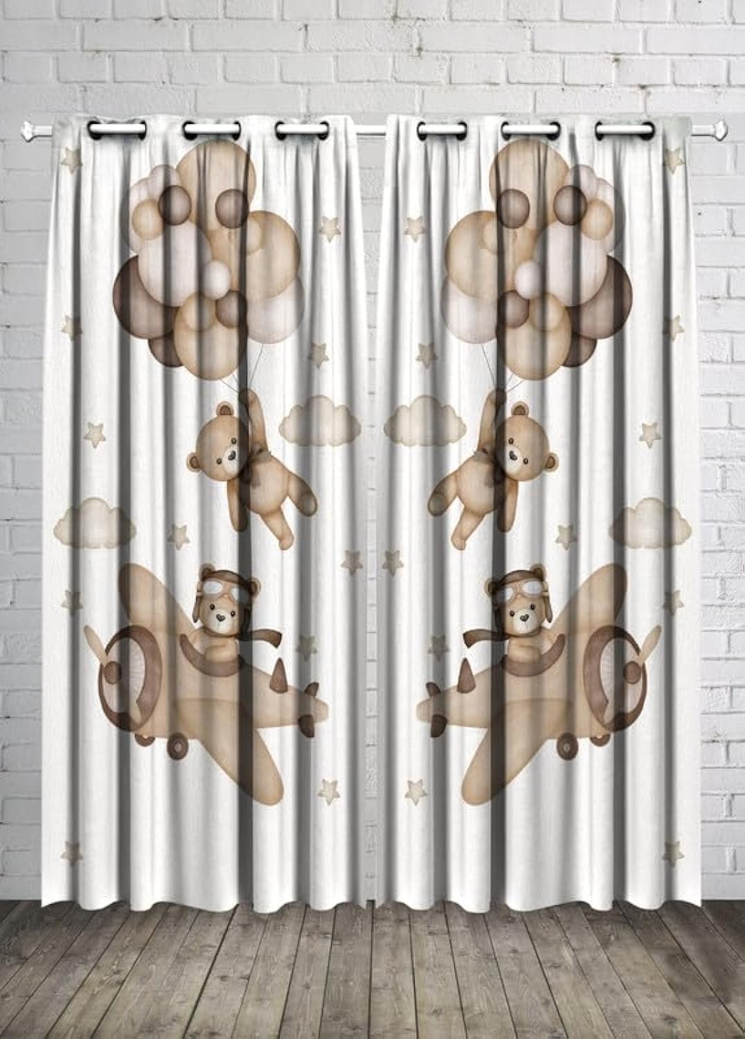 Kids Room Bear Balloon and Cloud Curtain -Linen Velvet Fabric -Privacy - Steel Grommets - 2 Pieces